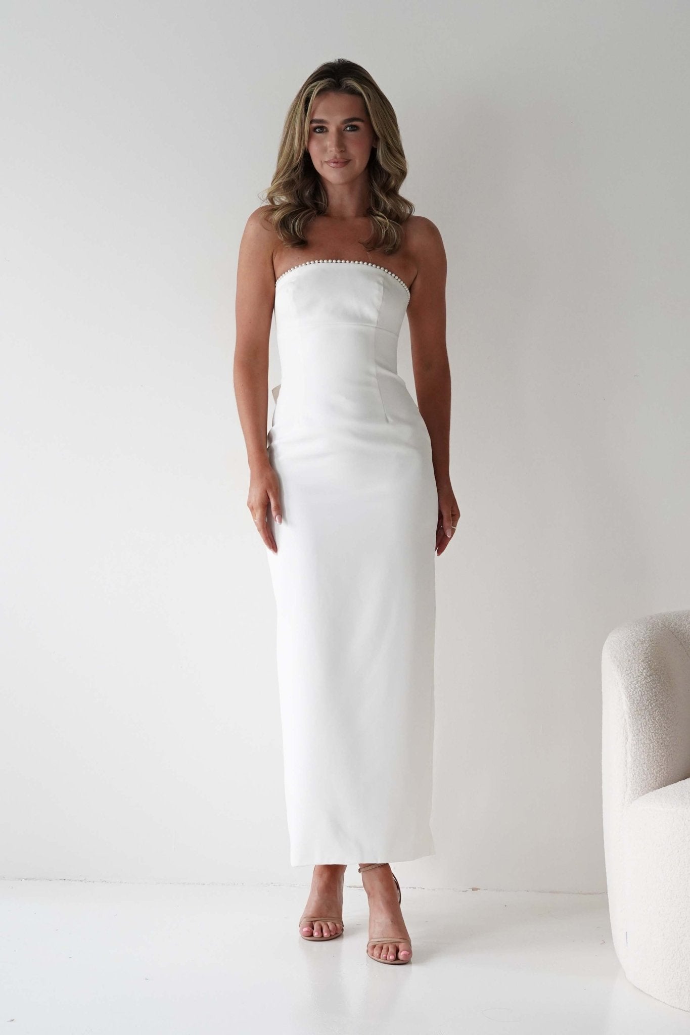 Louisiana Pearl Bow Strapless Dress | White | Graduation | Bride To Be Hen Dress | Oh Hello Clothing