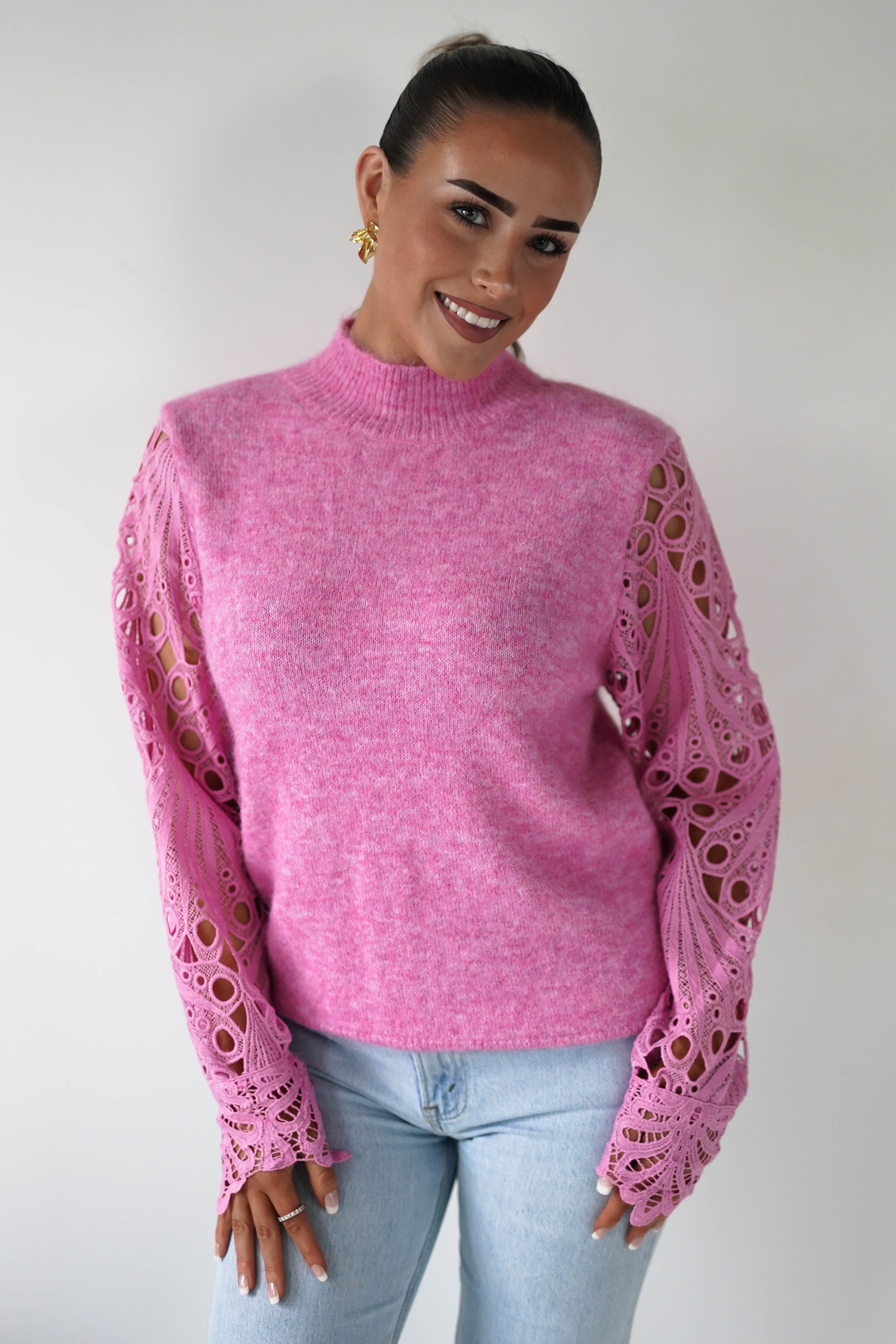 Oh Hello Clothing Women > Clothing > Knitwear ONE SIZE (6/12) Marie Lace Sleeve Knit Jumper | Pink