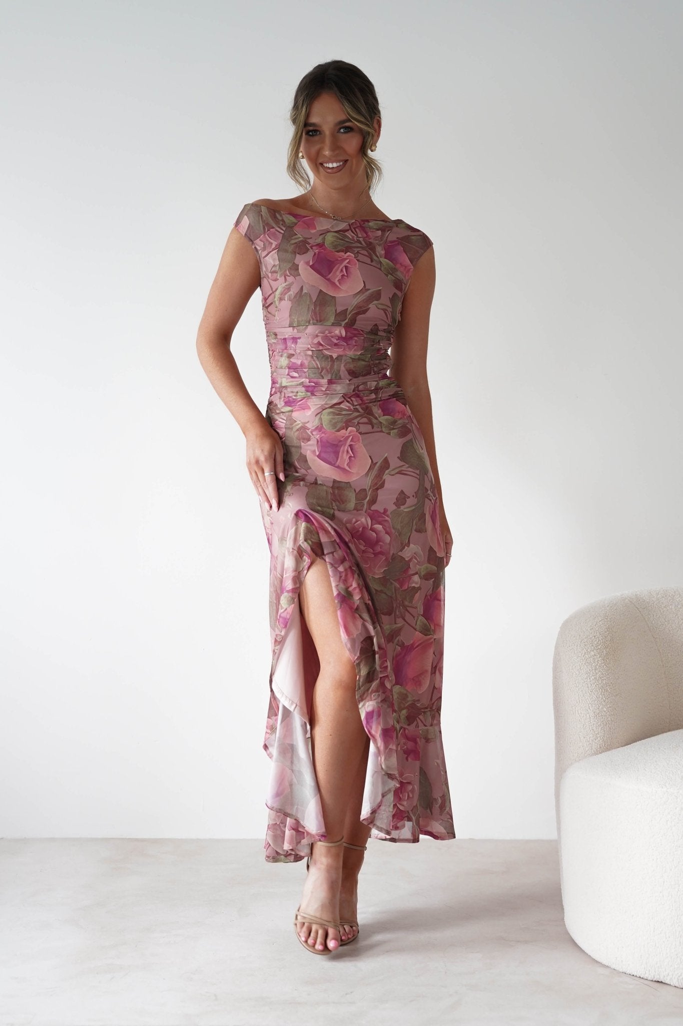 Milla Mesh Floral Bodycon Maxi Dress Blush | Wedding Guest Dress | Bodycon | Maxi | Oh Hello Clothing