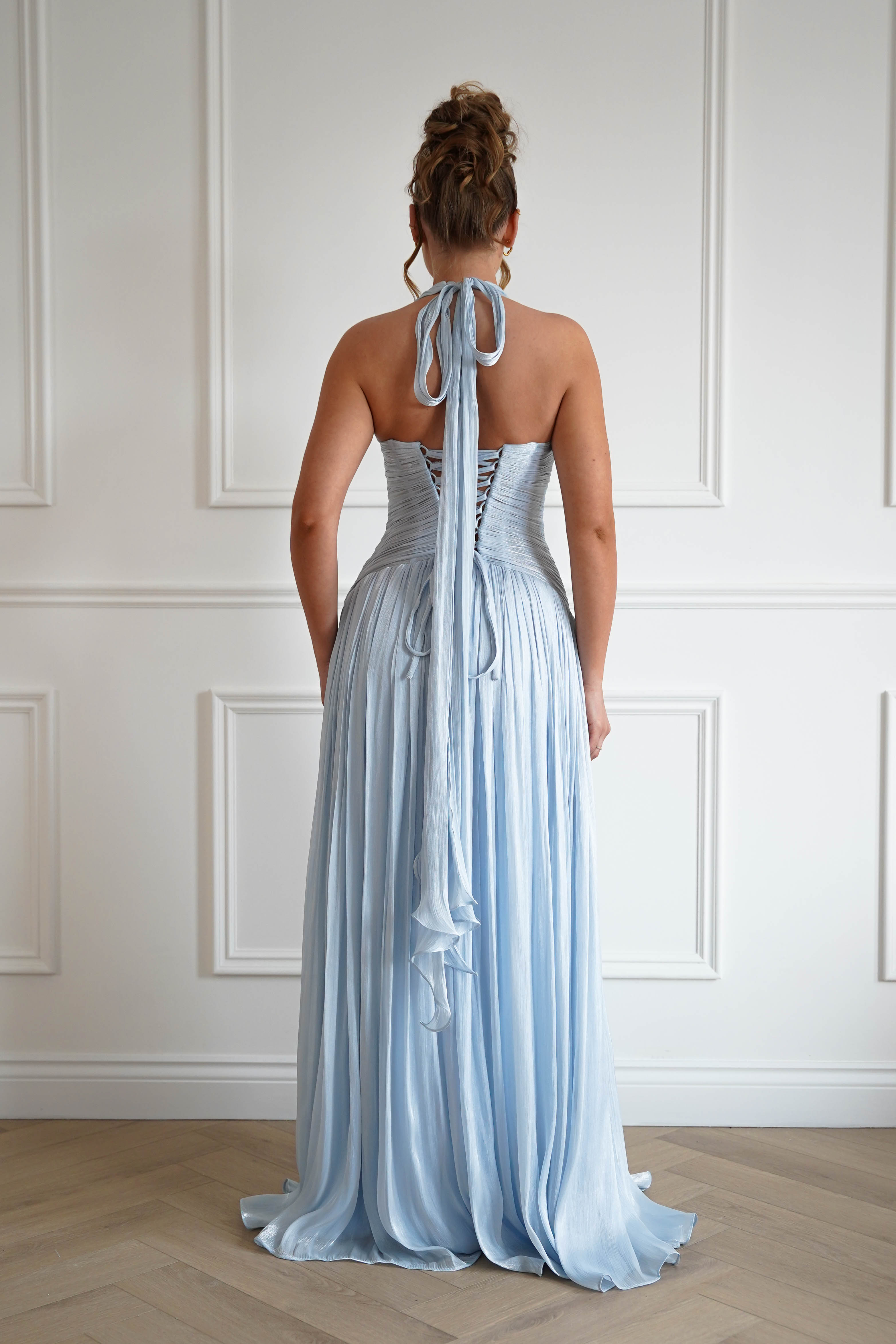 Oh Hello Clothing Dresses > Prom Dresses Sharelle Pleated Luminescent Maxi Gown | Sky Blue