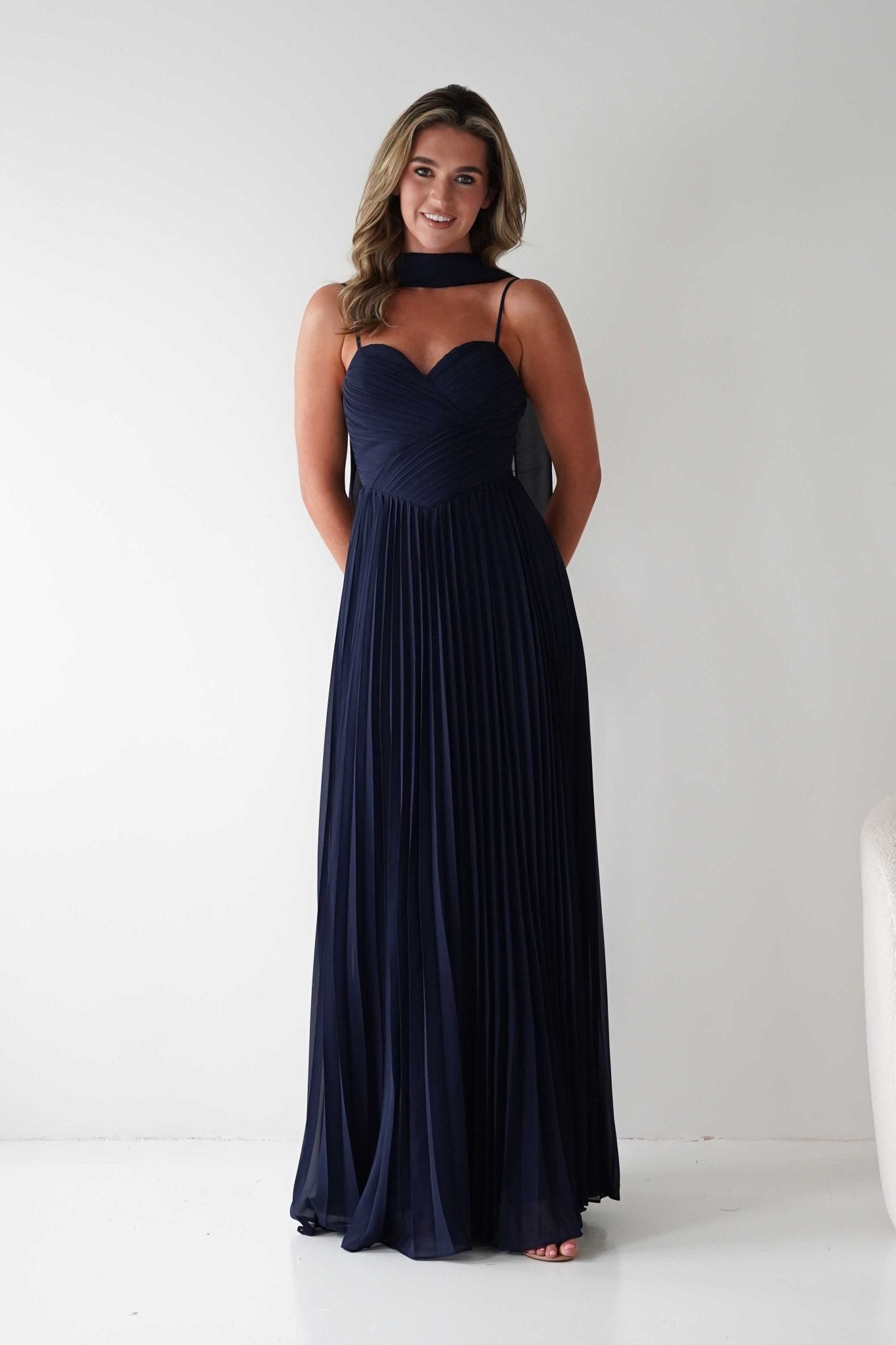 Sonia Pleated Scarf detail Maxi Dress Navy | Wedding Guest Dress | Pleated Skirt | Maxi | Oh Hello Clothing