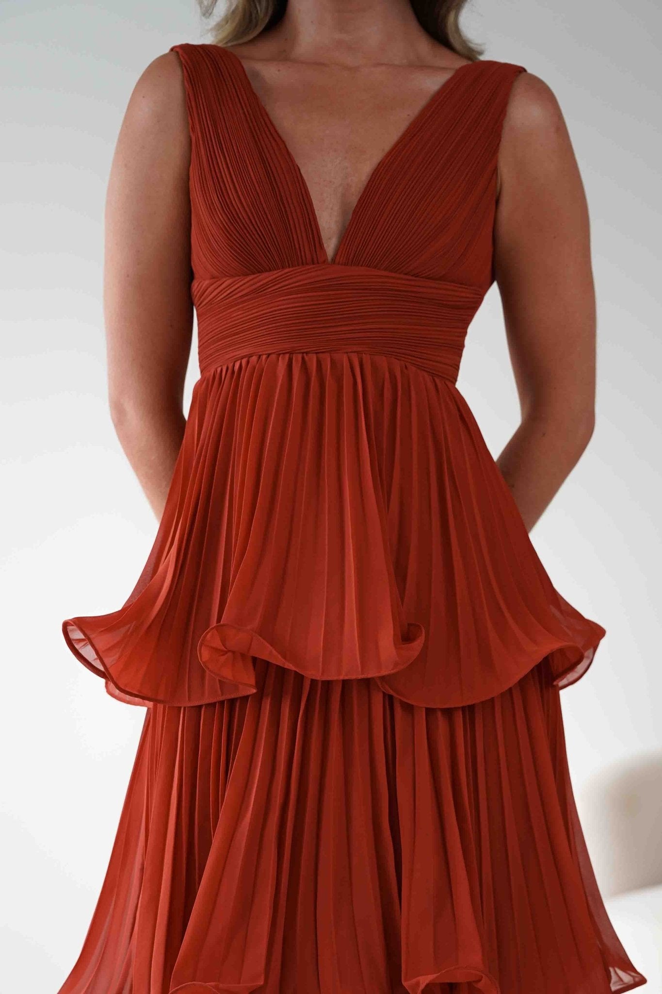Vina Tiered Pleated Layered Maxi Dress Rust | Wedding Guest Dress | Pleated Skirt | Maxi | Oh Hello Clothing
