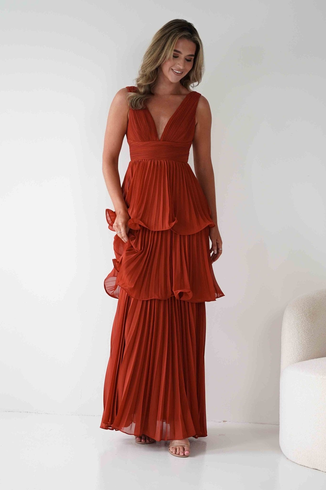 Vina Tiered Pleated Layered Maxi Dress Rust | Wedding Guest Dress | Pleated Skirt | Maxi | Oh Hello Clothing