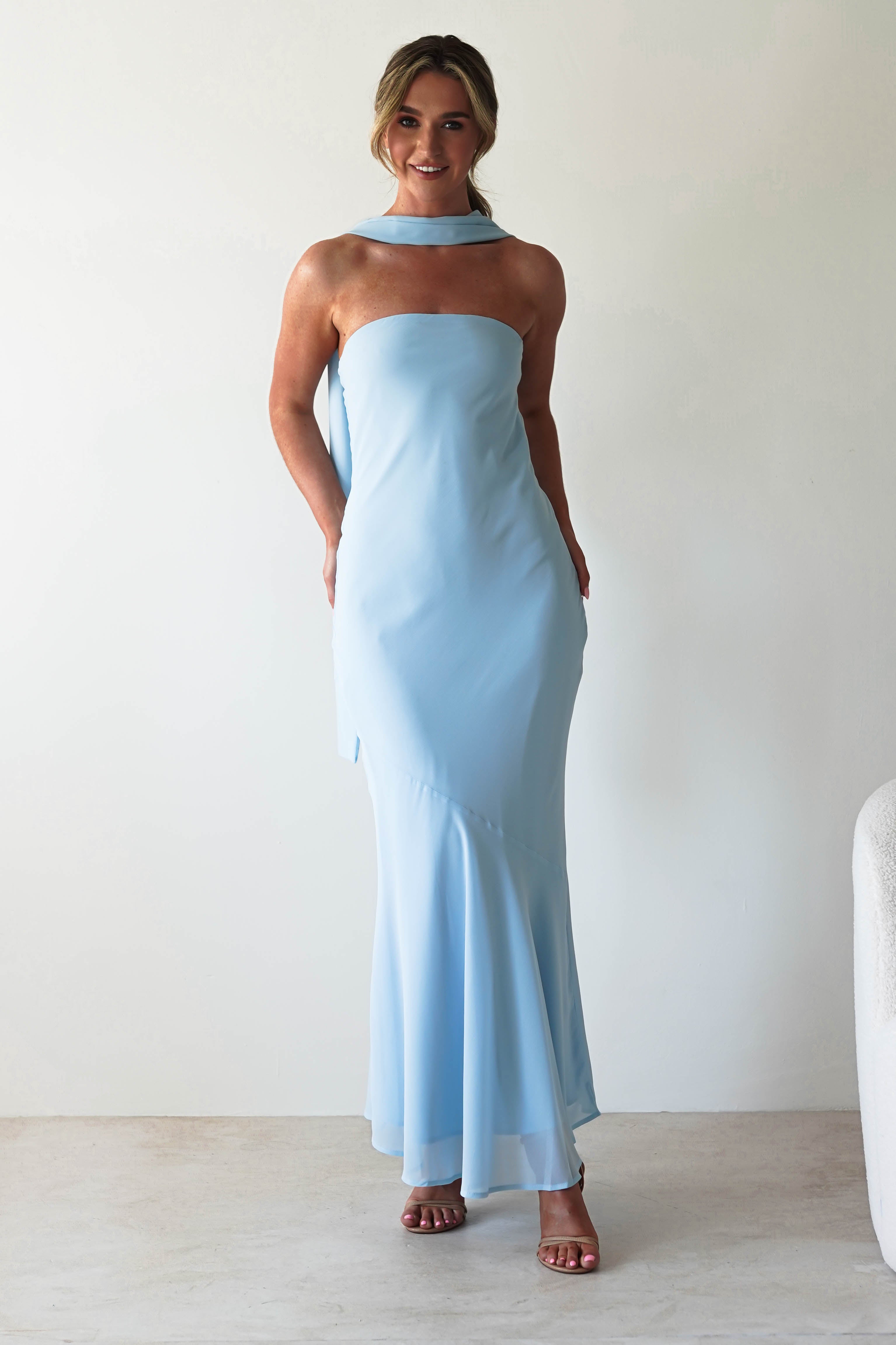 Carli Strapless Chiffon Maxi Dress Blue | Wedding Guest Dress | Maxi | Chiffon | Oh Hello Clothing