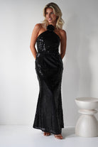 Jonna Halter Neck Sequin Maxi Dress Black | Black Tie Evening Dress | Halter Neck | Maxi | Oh Hello Clothing