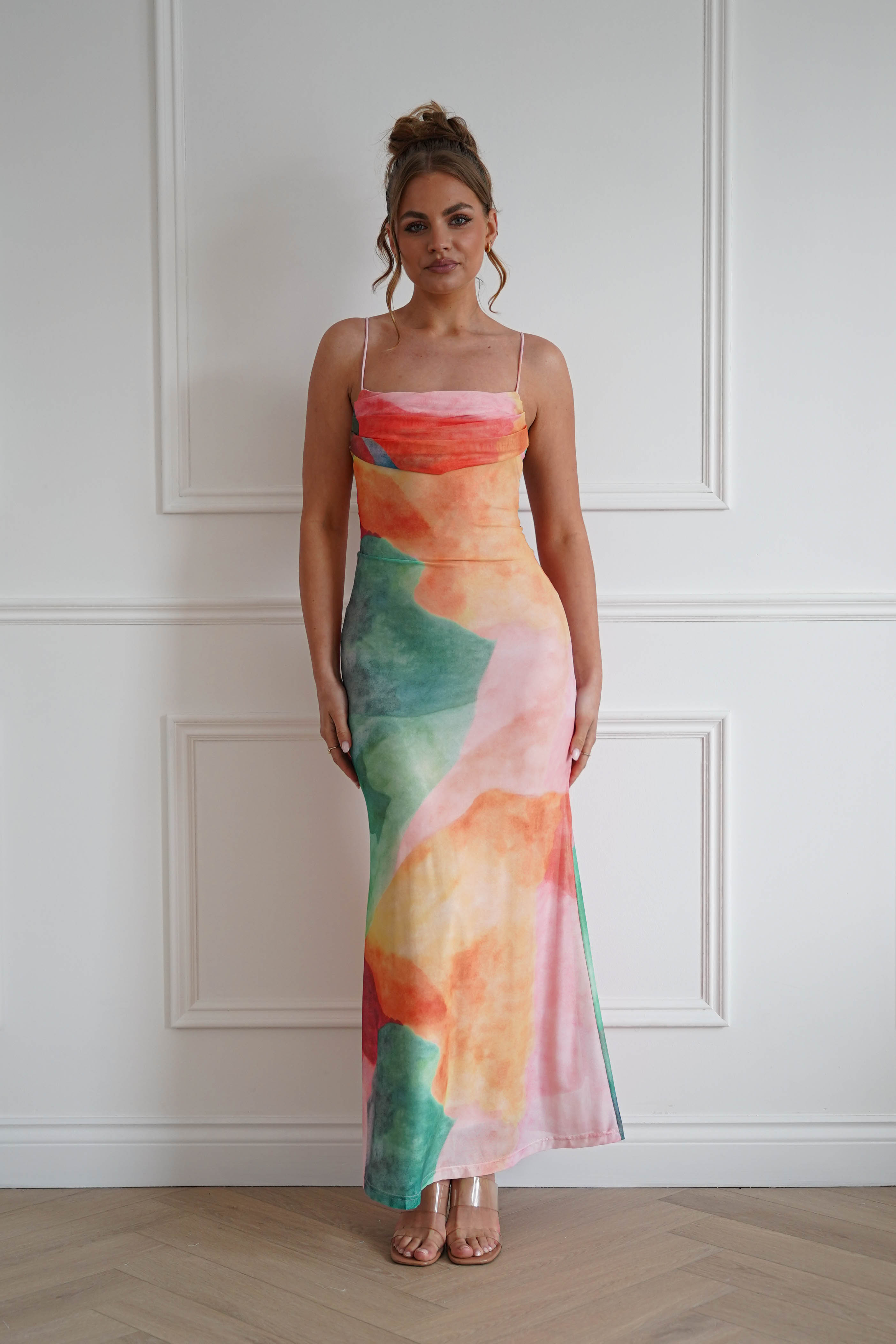 Oh Hello Clothing Dresses > Prom Dresses 1*DONE-64531D07-INDIKAH-ORANGE (MULTI) colour Cowl Neck Maxi Dress