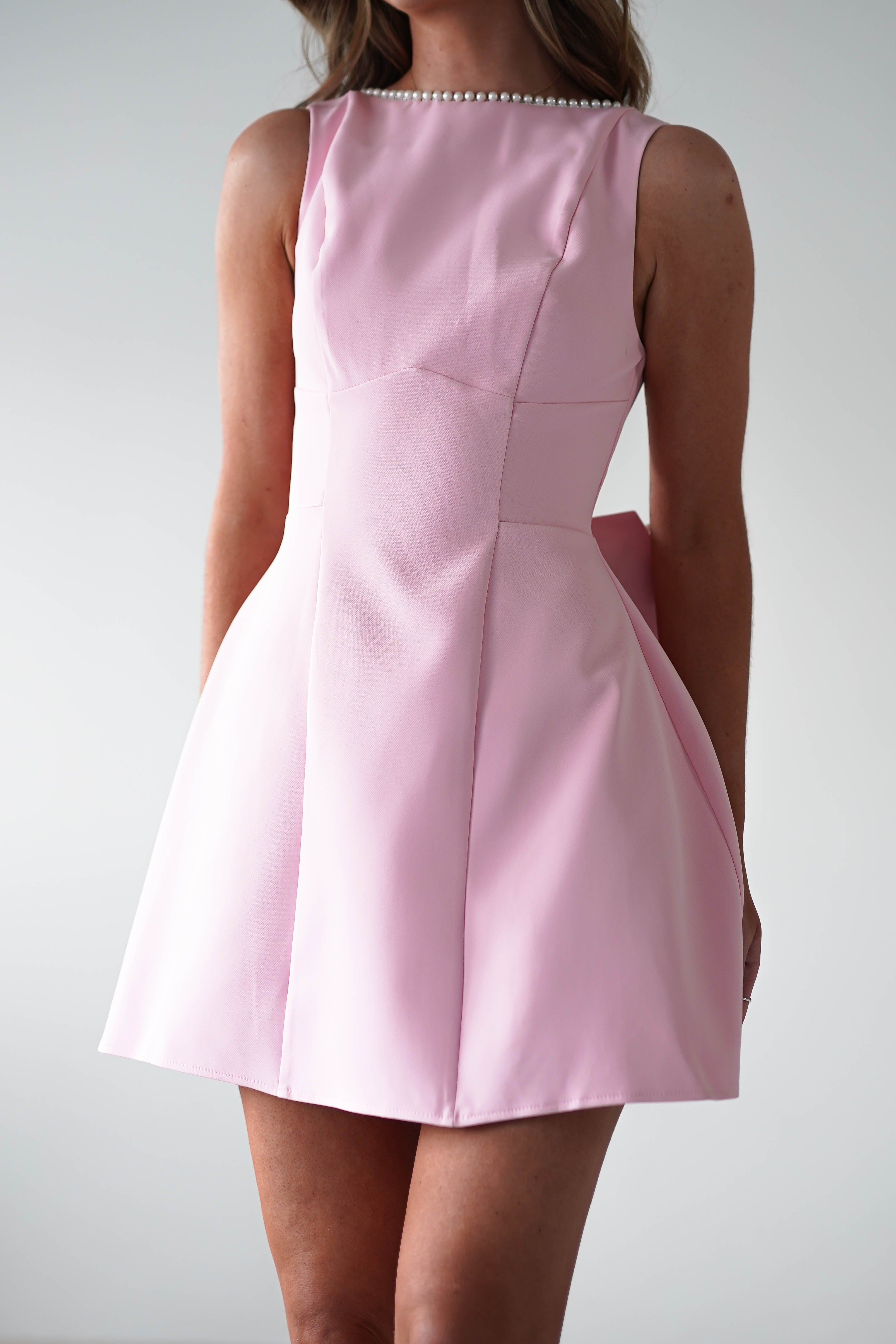 Maria Pearl Bow Detail Mini Dress Pink | Wedding Guest Dress | Oh Hello Clothing