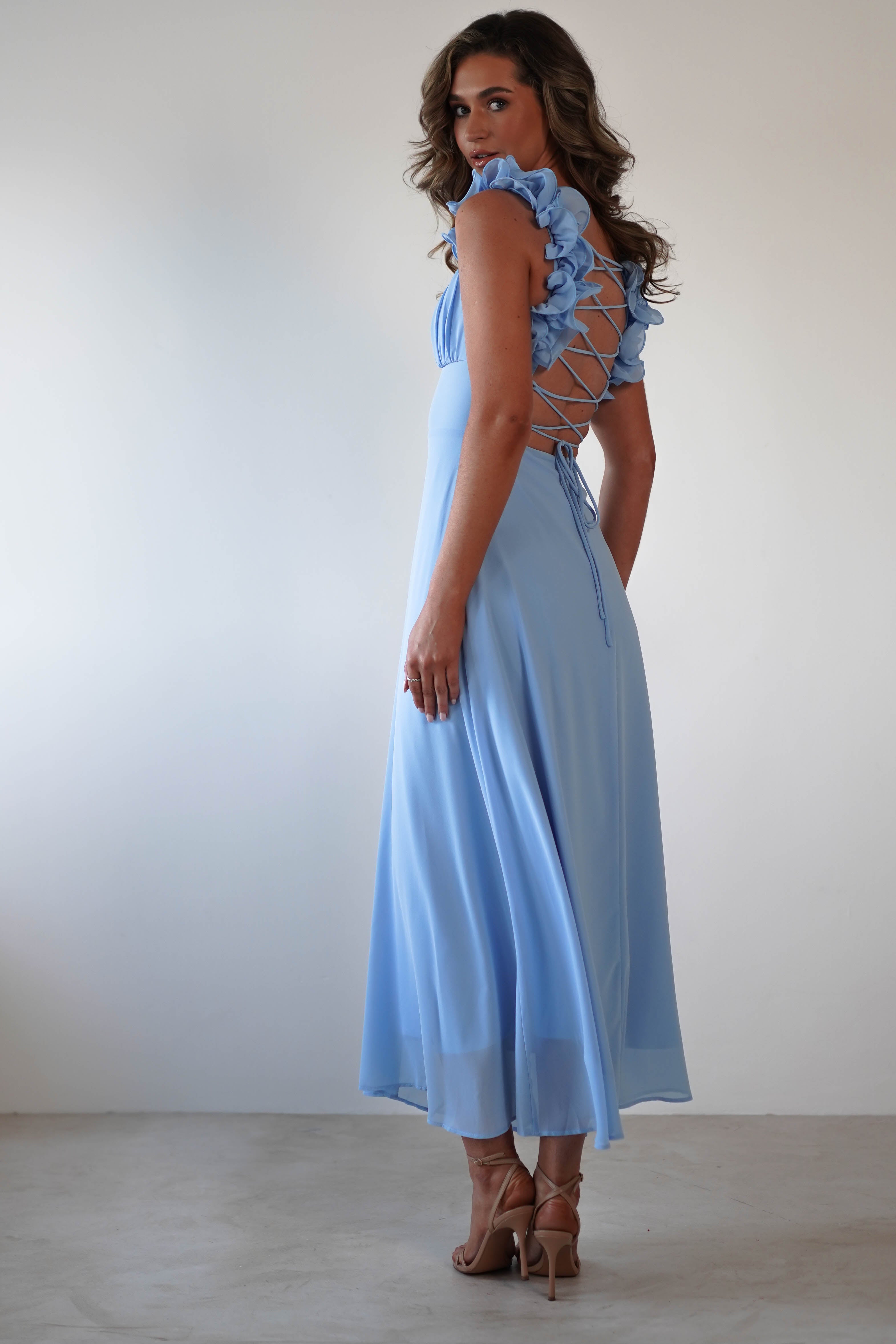 Sadie Ruffle Sleeve Maxi Dress Blue | Wedding Guest Dress | Maxi | Oh Hello Clothing