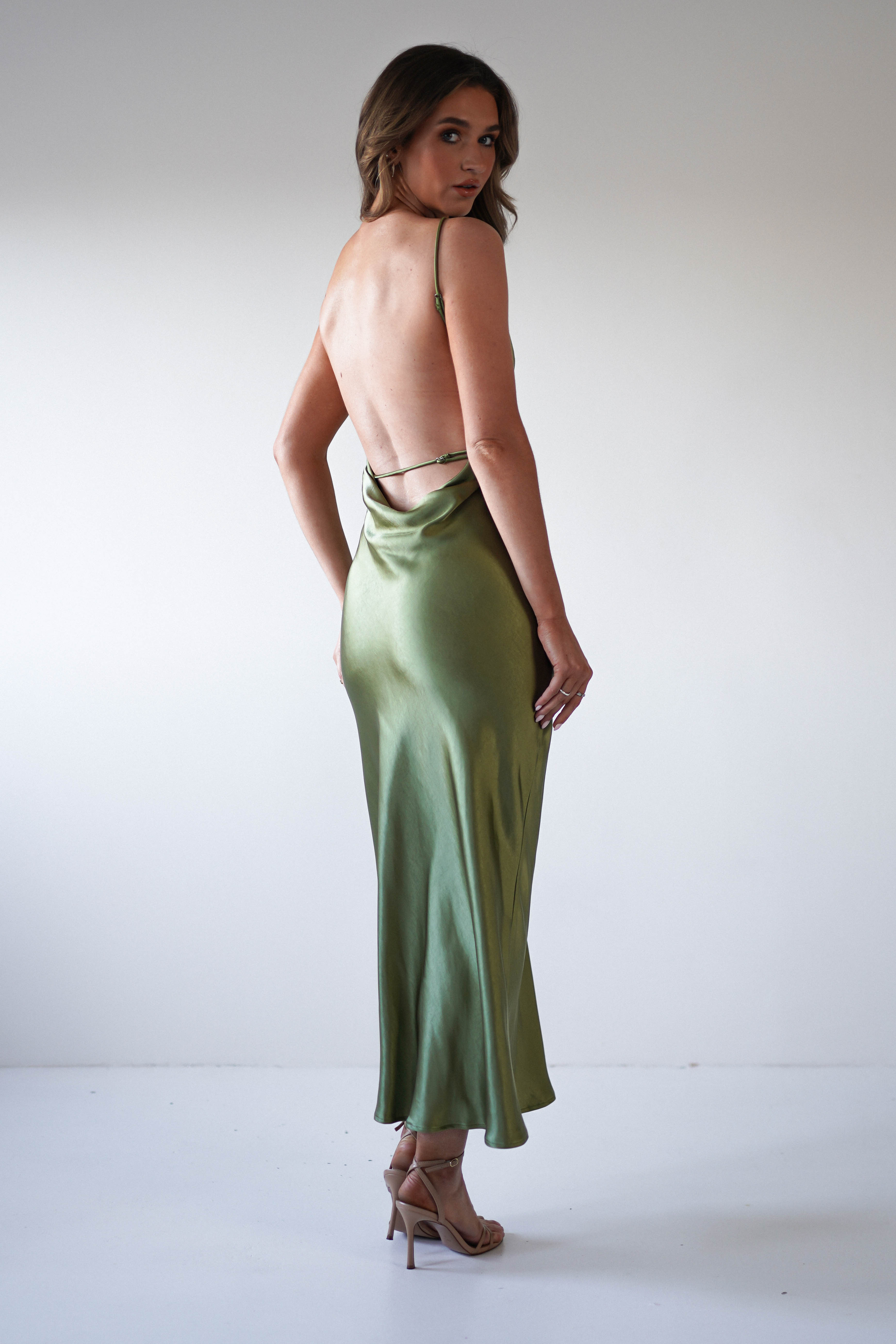 Bayleigh Soft Satin Maxi Dress Olive | Wedding Guest Dress | Maxi | Satin | Oh Hello Clothing