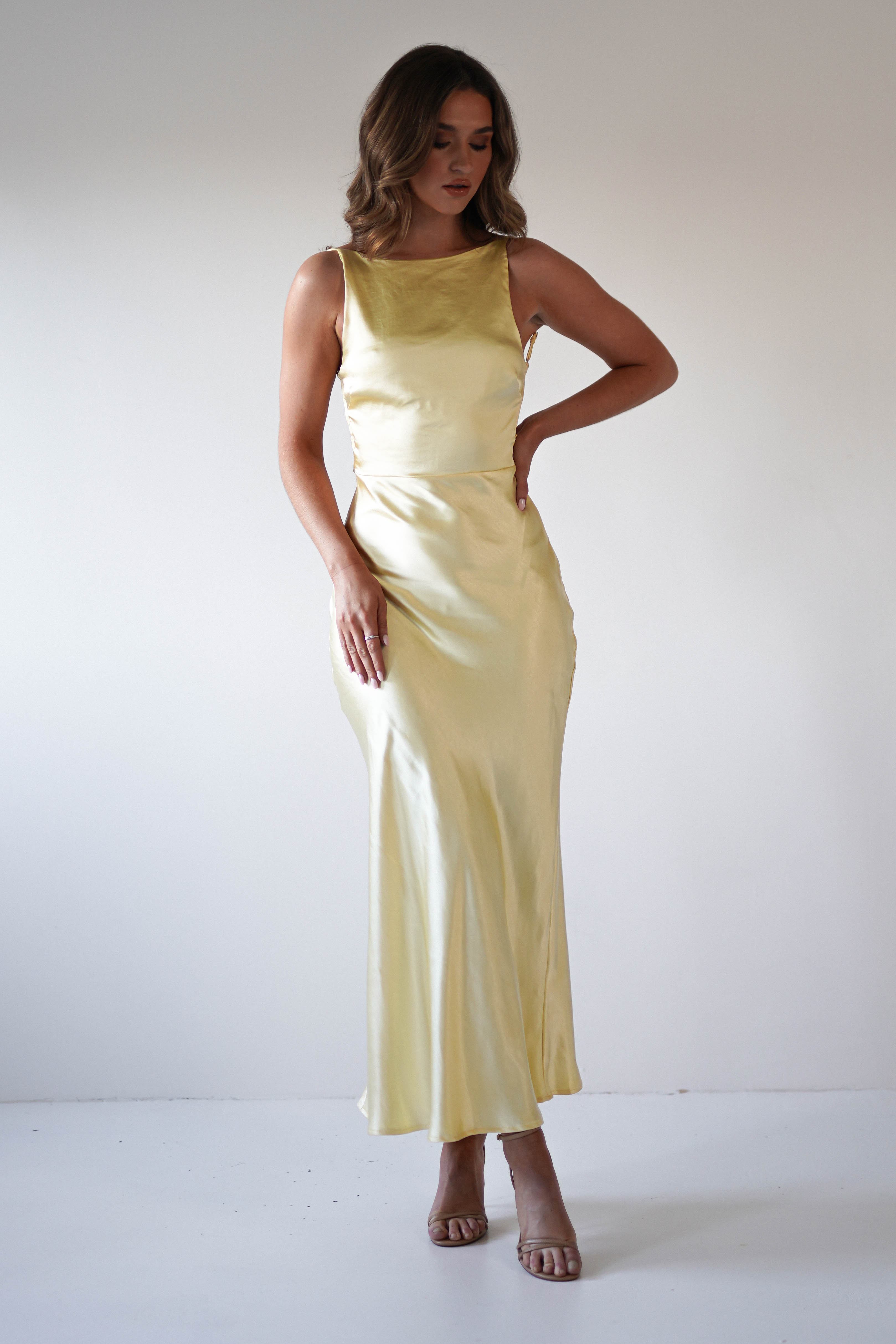 Bayleigh Soft Satin Maxi Dress Yellow | Wedding Guest Dress | Maxi | Satin | Oh Hello Clothing