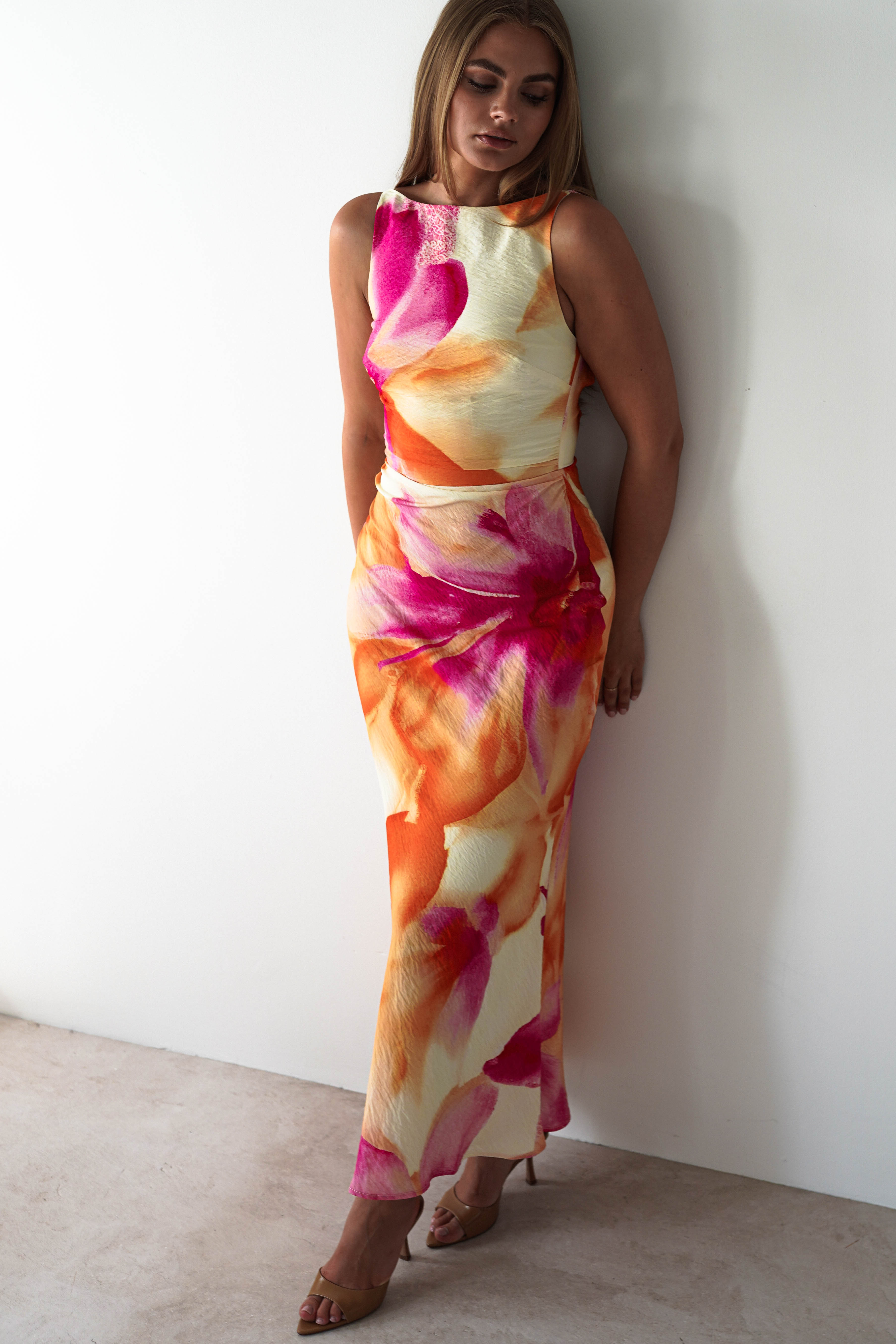 Ellarose Square Neck Maxi Dress Orange/Pink | Wedding Guest Dress | Square Neck | Maxi | Oh Hello Clothing