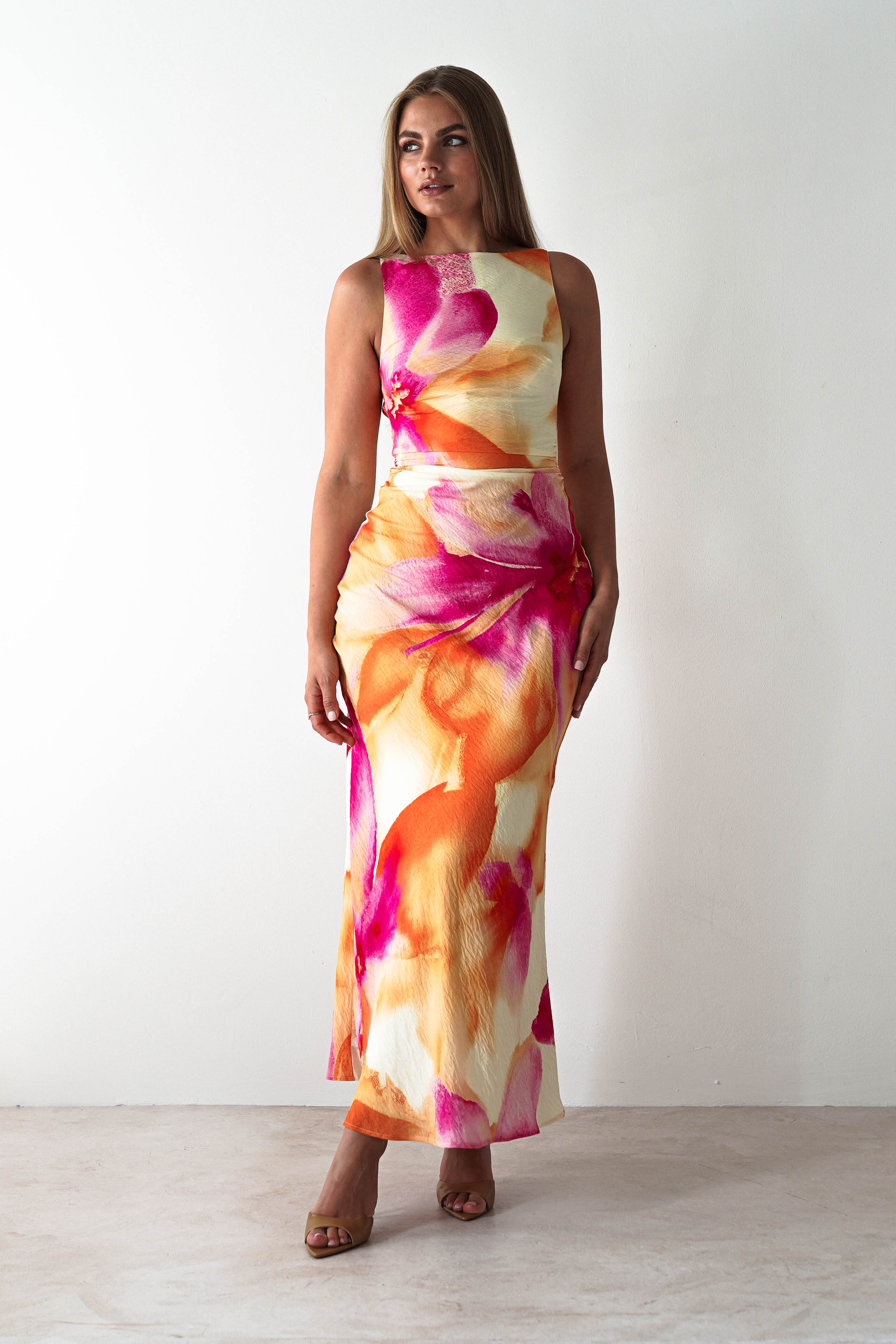 Ellarose Square Neck Maxi Dress Orange/Pink | Wedding Guest Dress | Square Neck | Maxi | Oh Hello Clothing