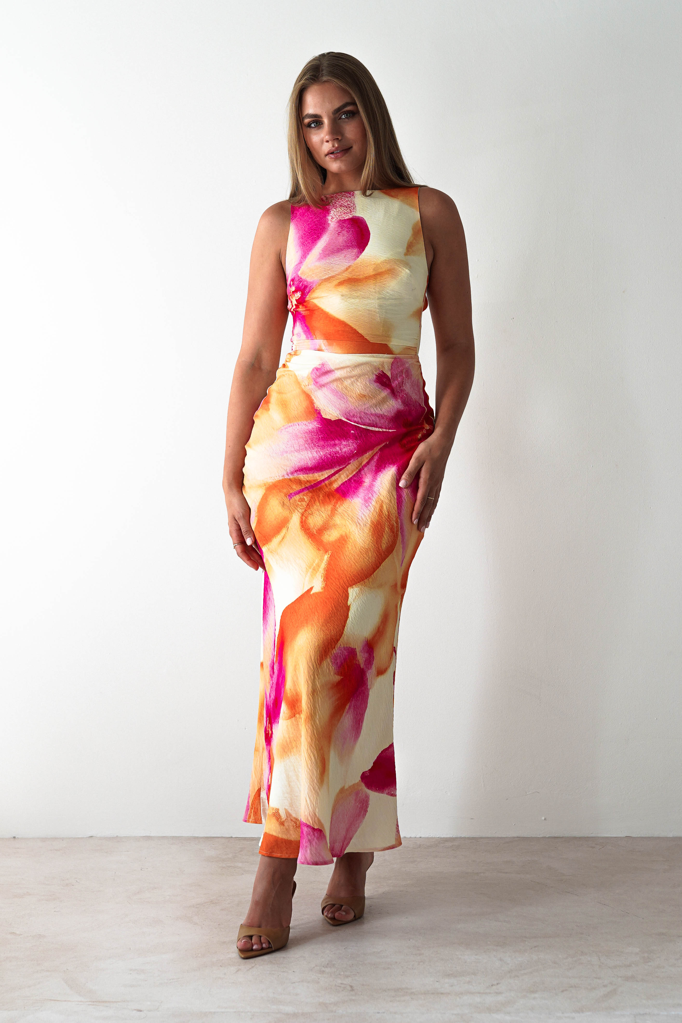 Ellarose Square Neck Maxi Dress Orange/Pink | Wedding Guest Dress | Square Neck | Maxi | Oh Hello Clothing
