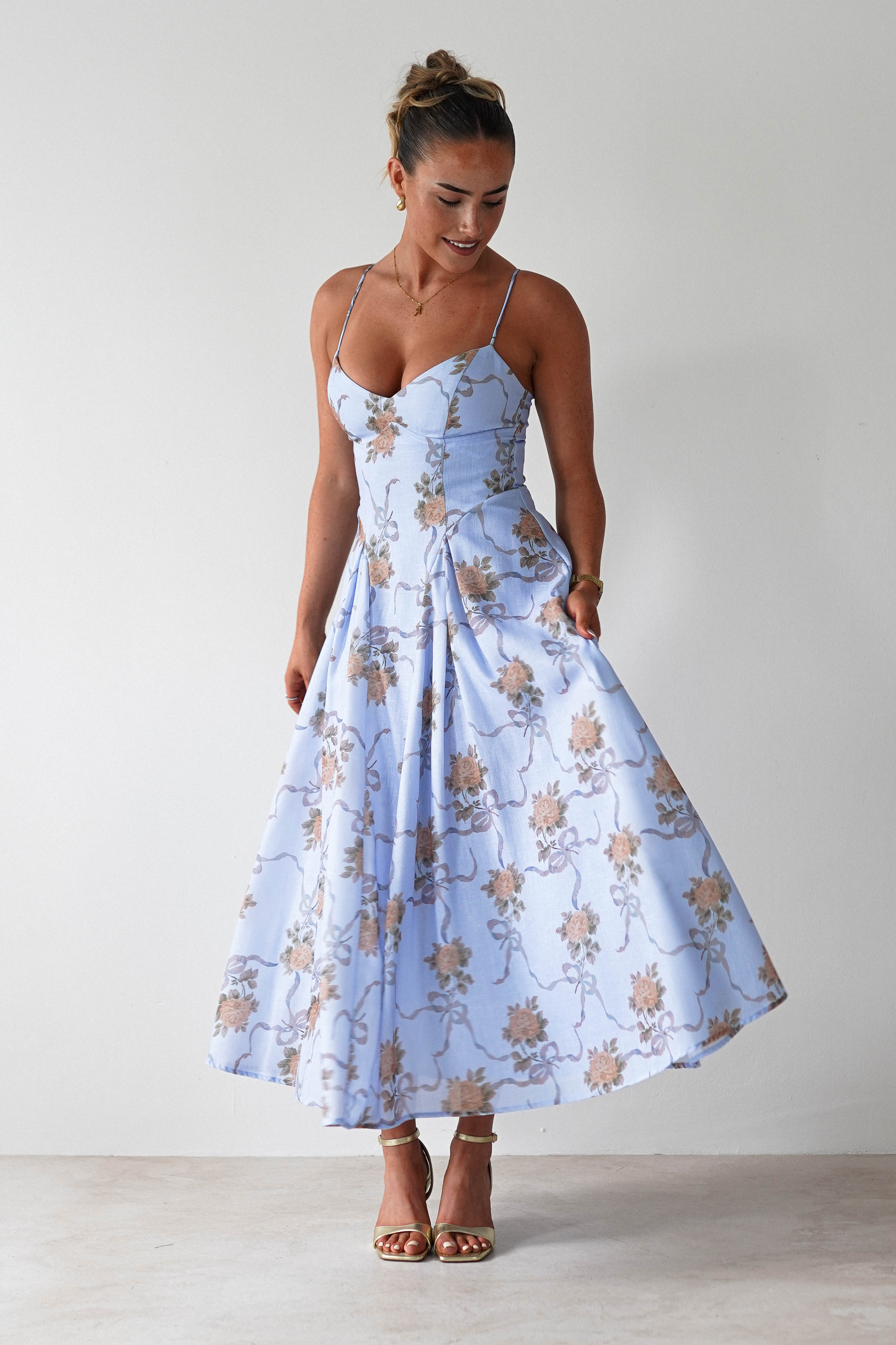 Tessa Floral Print Skater Midaxi Dress Blue | Wedding Guest Dress | Skater | Oh Hello Clothing