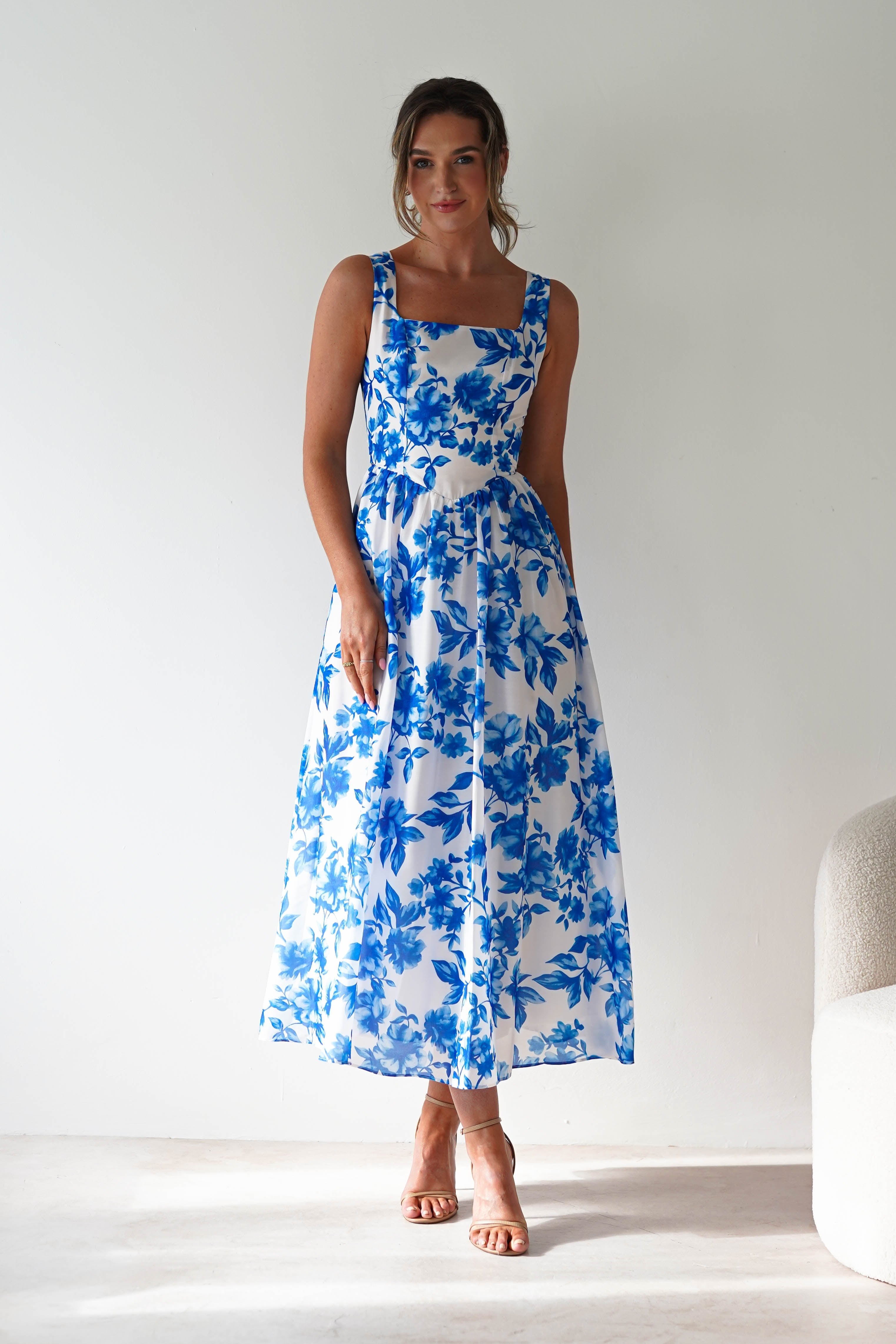 Maisie Floral Skater Maxi Dress Blue | Wedding Guest Dress | Maxi | Skater | Oh Hello Clothing
