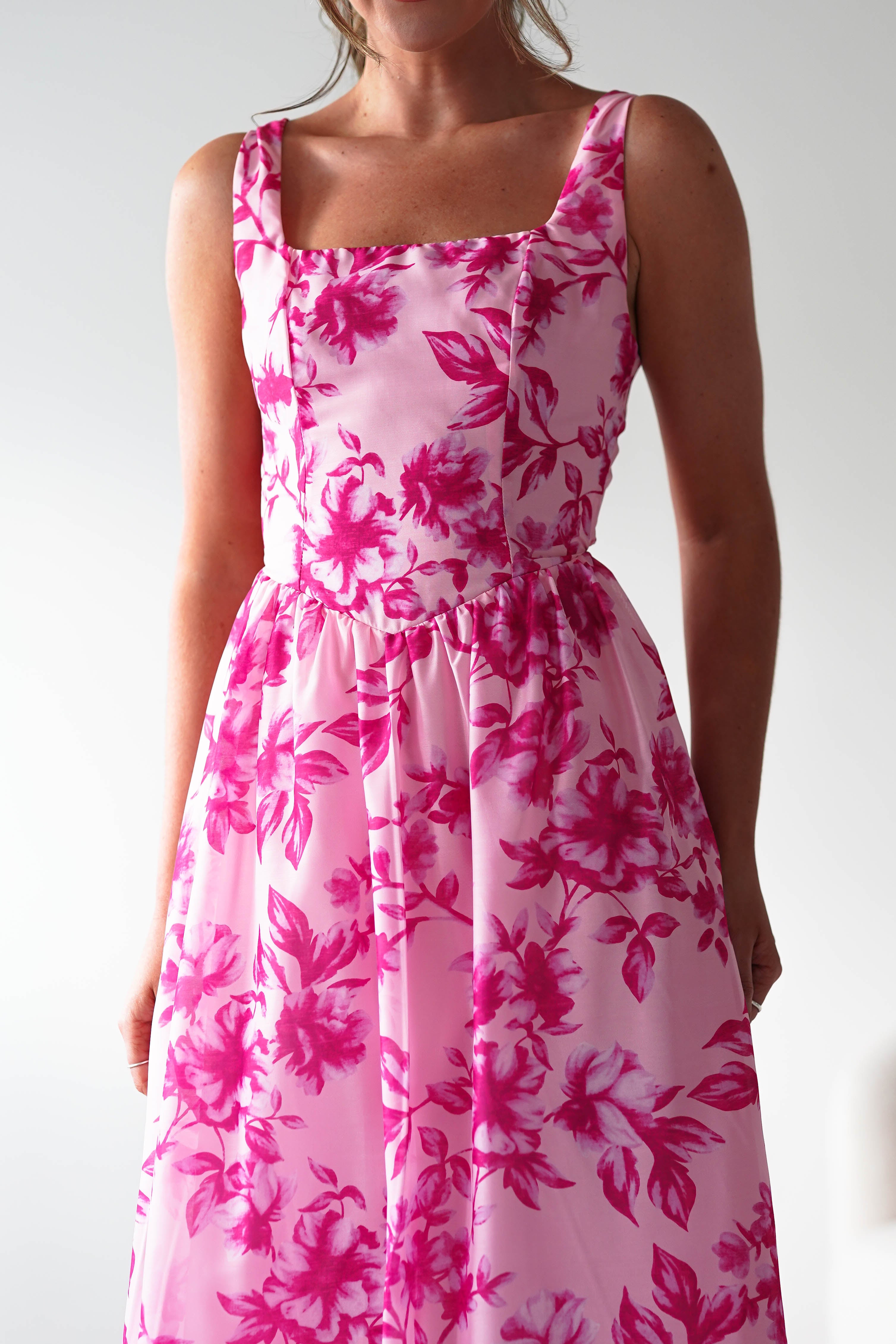 Maisie Floral Skater Maxi Dress Pink | Wedding Guest Dress | Maxi | Skater | Oh Hello Clothing