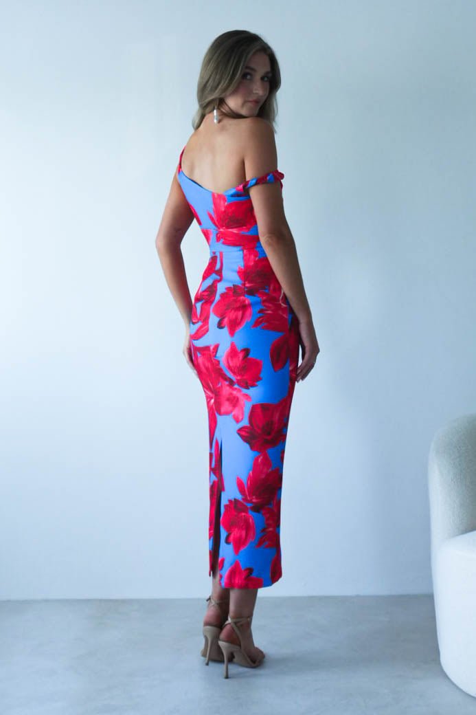 Elliot Floral Print Midi Dress Blue/Red | Wedding Guest Dress | Midi | Oh Hello Clothing