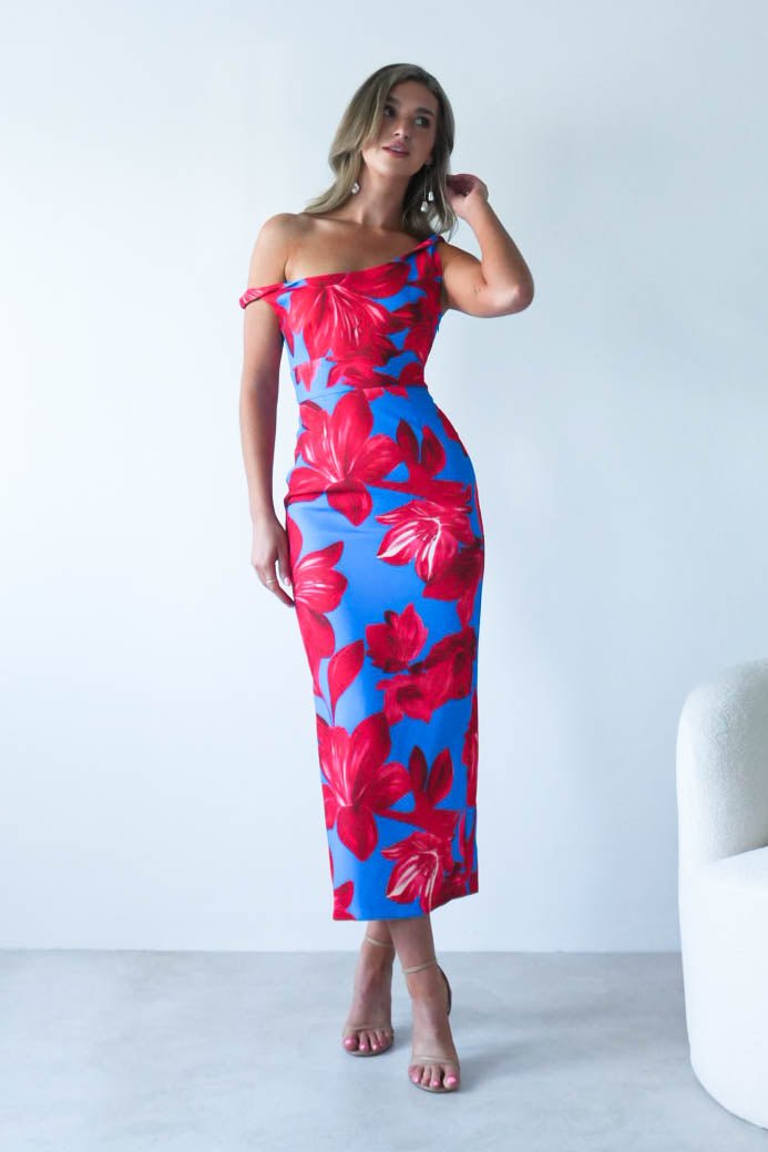 Elliot Floral Print Midi Dress Blue/Red | Wedding Guest Dress | Midi | Oh Hello Clothing