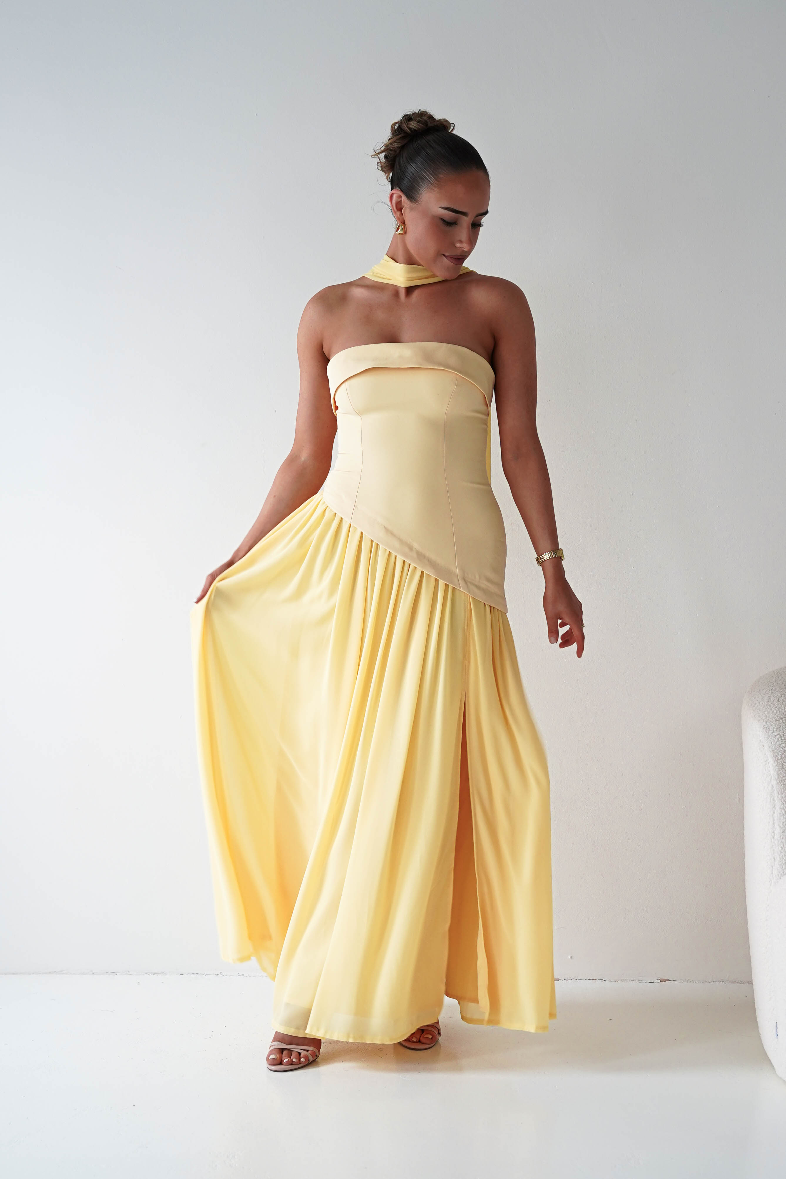 Oh Hello Clothing Women > Clothing > Dresses 1*DONE-64852J02- Butter Yellow Draped Strapless Maxi Dress with Scarf