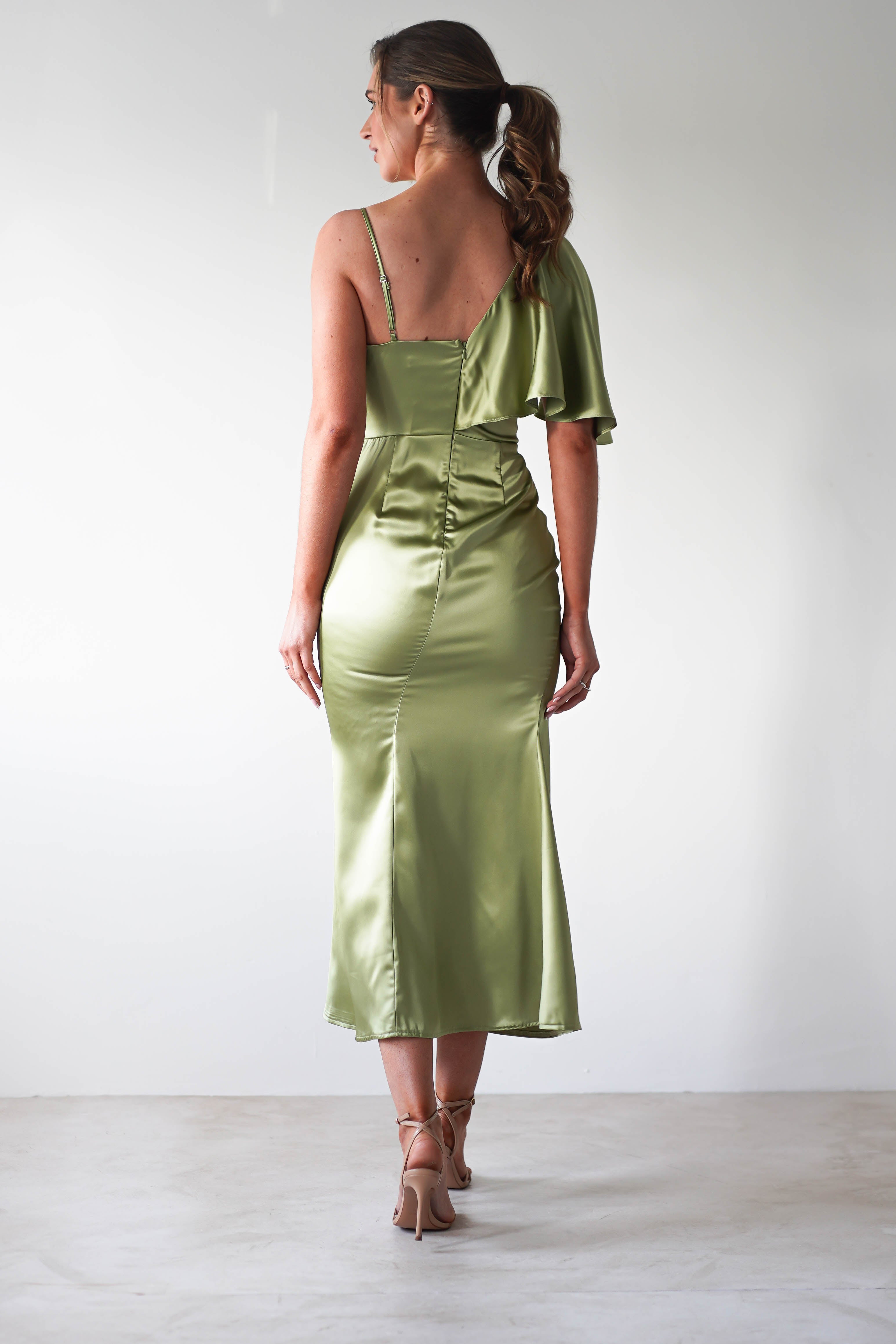 Esme Satin Midaxi Dress Lime Green | Wedding Guest Dress | Satin | Oh Hello Clothing