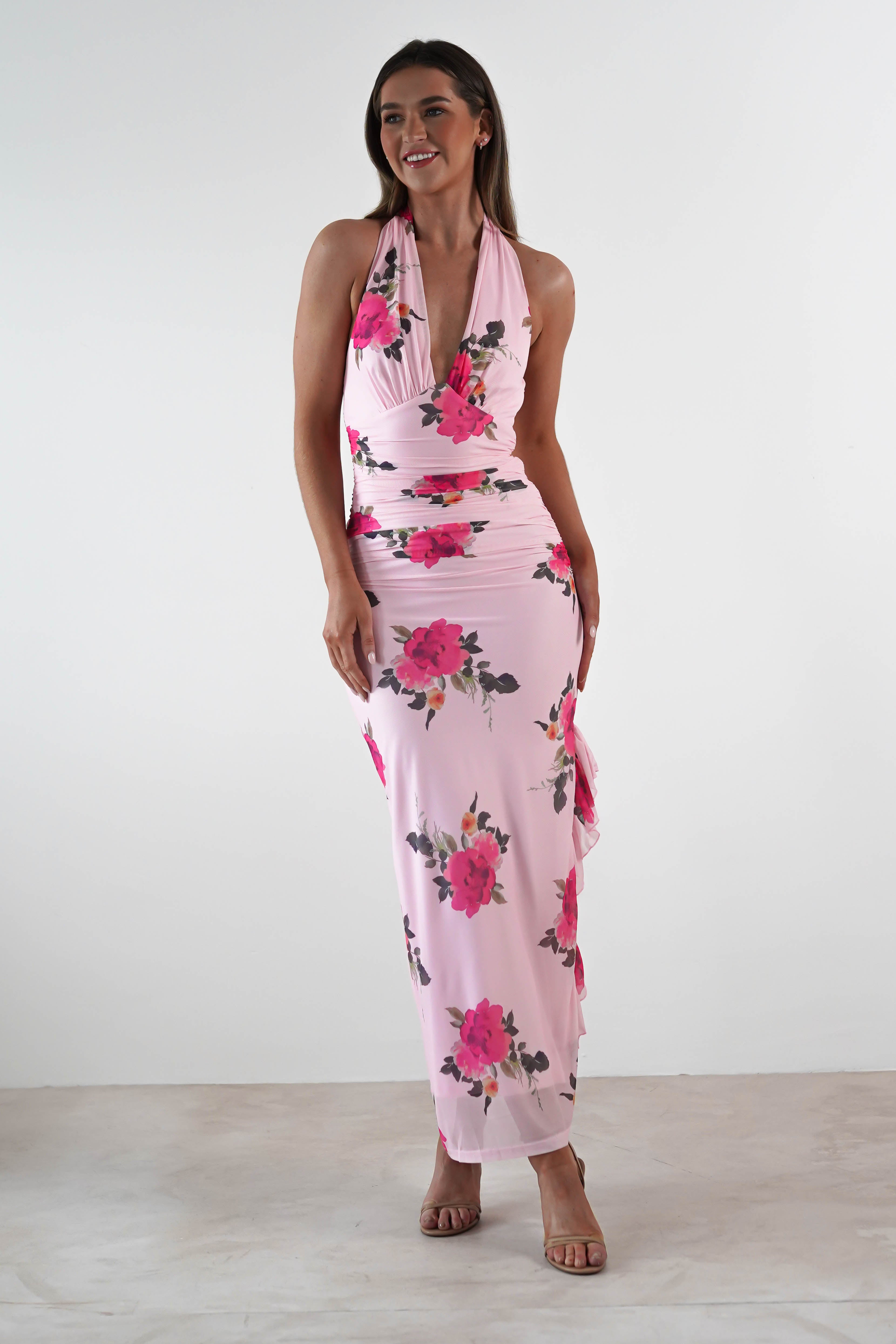 Emmaline Floral Bodycon Maxi Dress Pink | Wedding Guest Dress | Bodycon | Maxi | Oh Hello Clothing