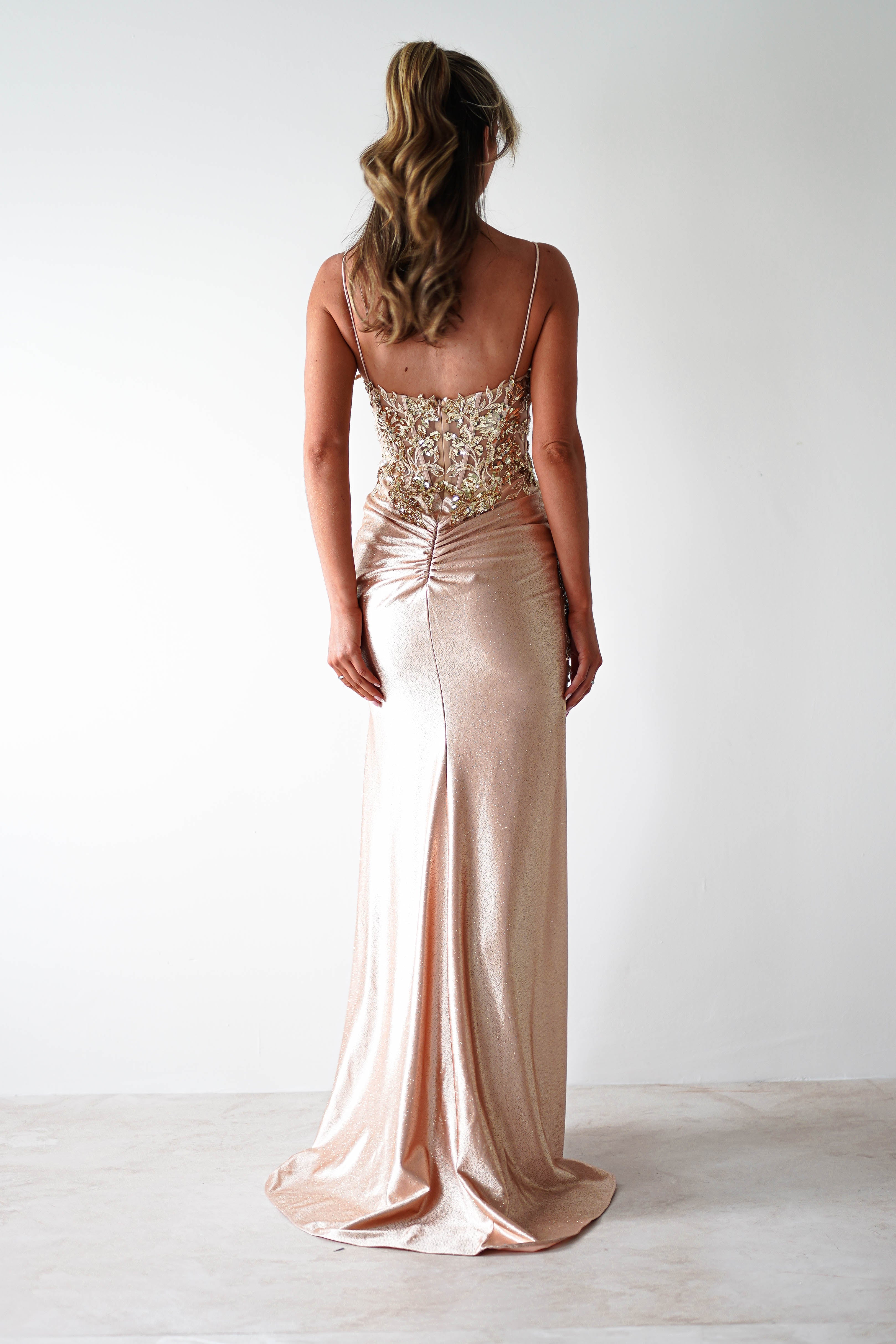 Regina Embellished Bodice Gown | Champagne/Gold | Debs & Prom | Formal Gown | Oh Hello Clothing
