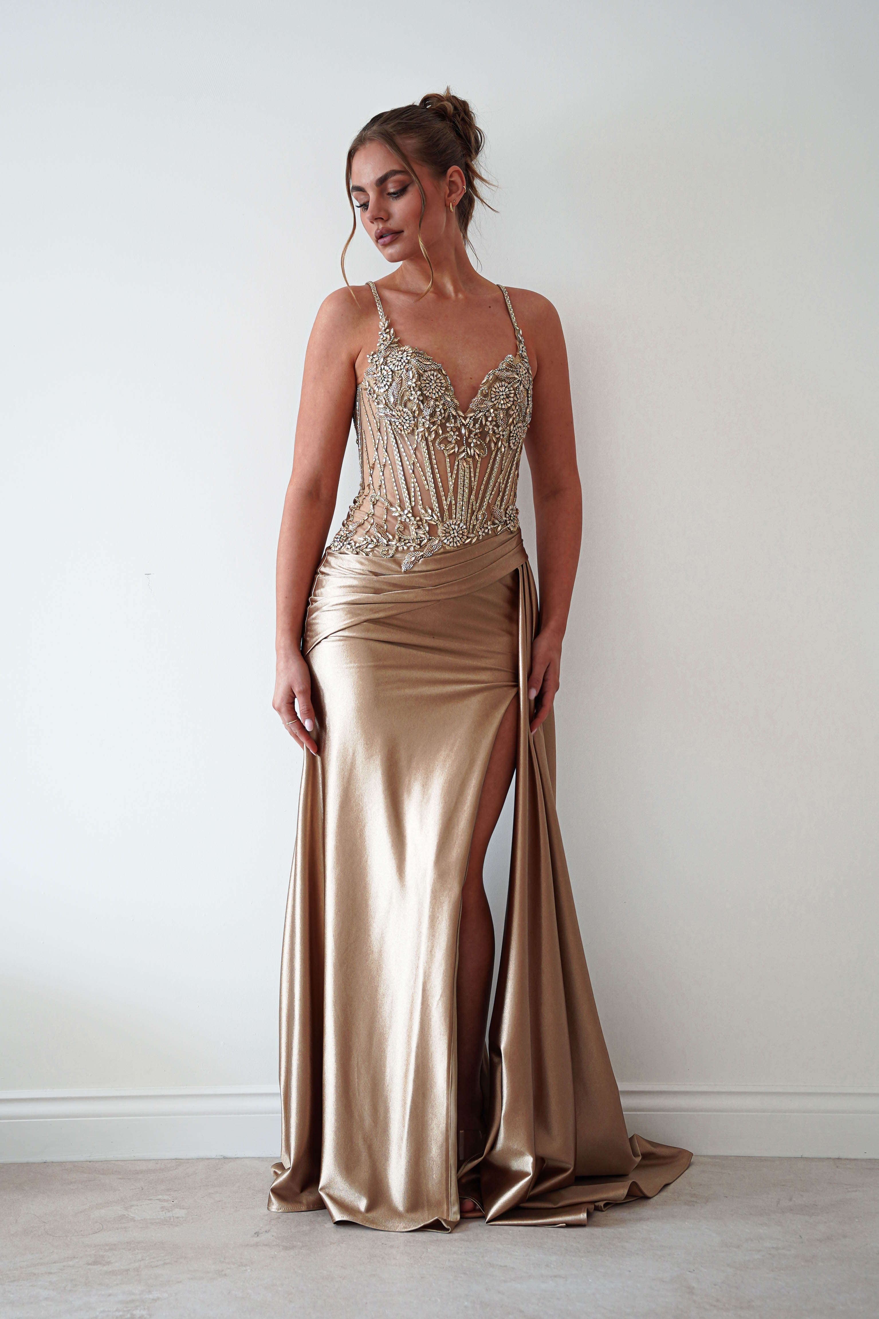 Oh Hello Clothing Dresses > Prom Dresses 1*DONE-CIND- CDS556- Embellished Corset Satin Maxi Gown – Gold
