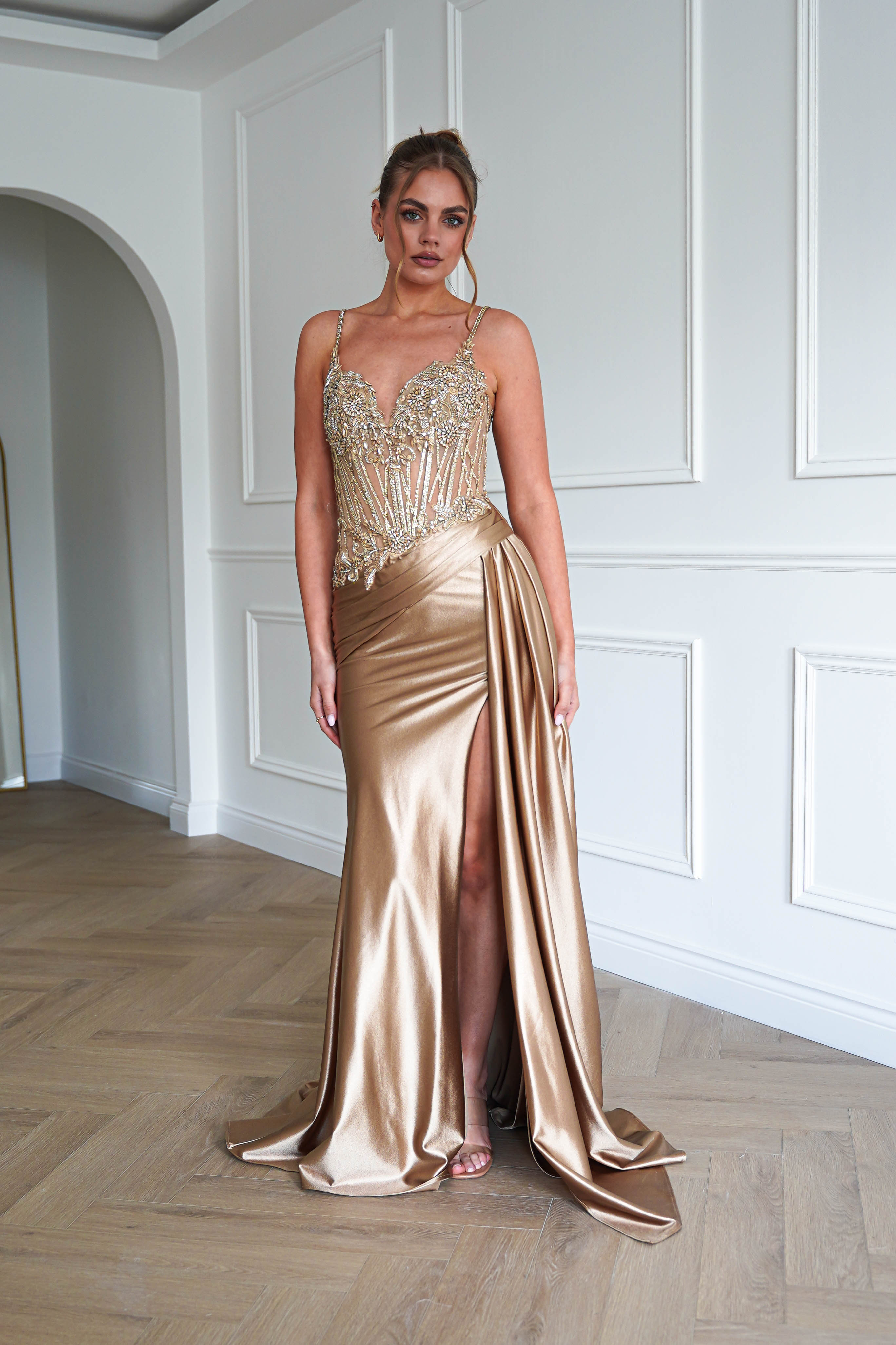 Oh Hello Clothing Dresses > Prom Dresses 1*DONE-CIND- CDS556- Embellished Corset Satin Maxi Gown – Gold