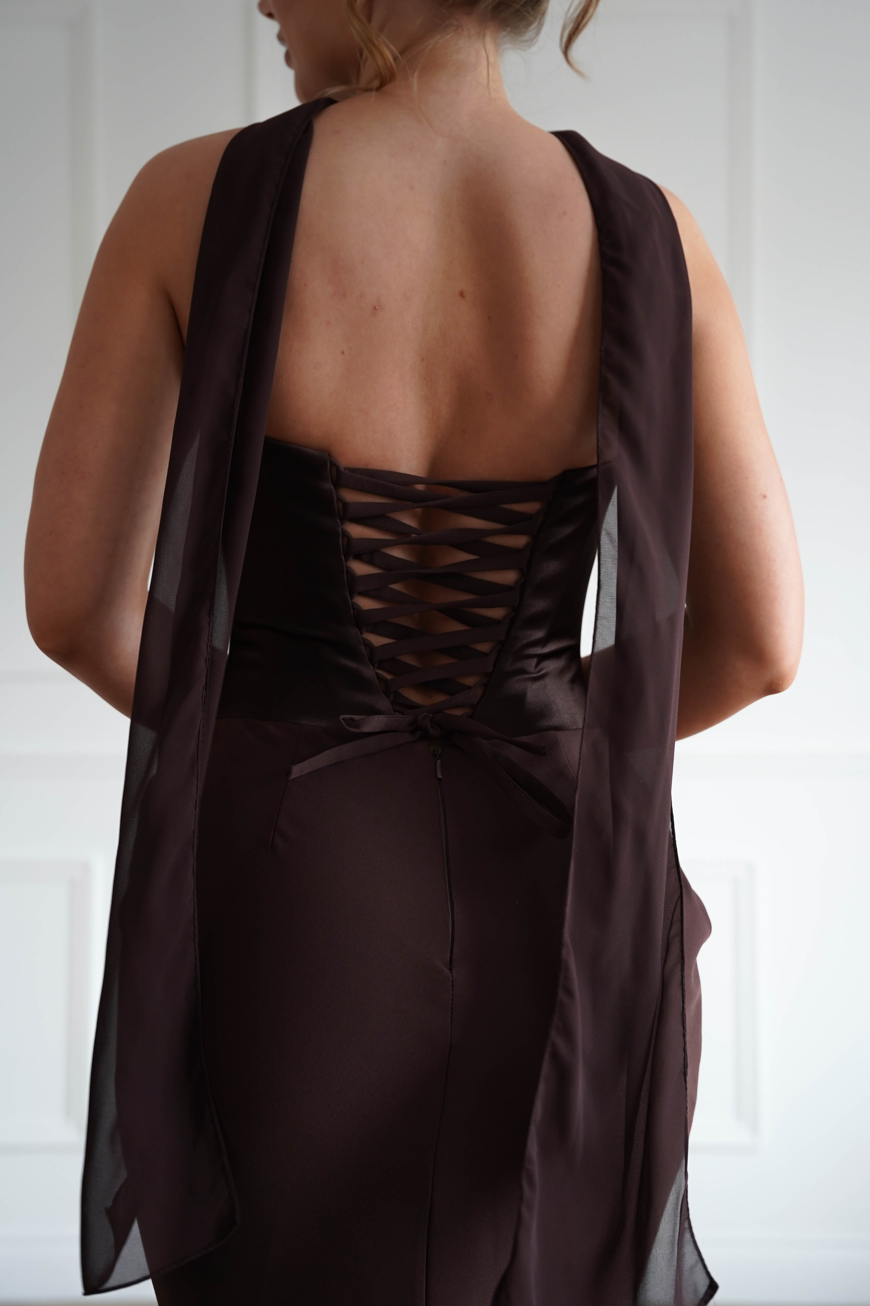 Oh Hello Clothing Women > Clothing > Dresses 1*Done-Cind-T732-Brown Strapless Ruched Midi Dress with Matching Scarf (Copy)