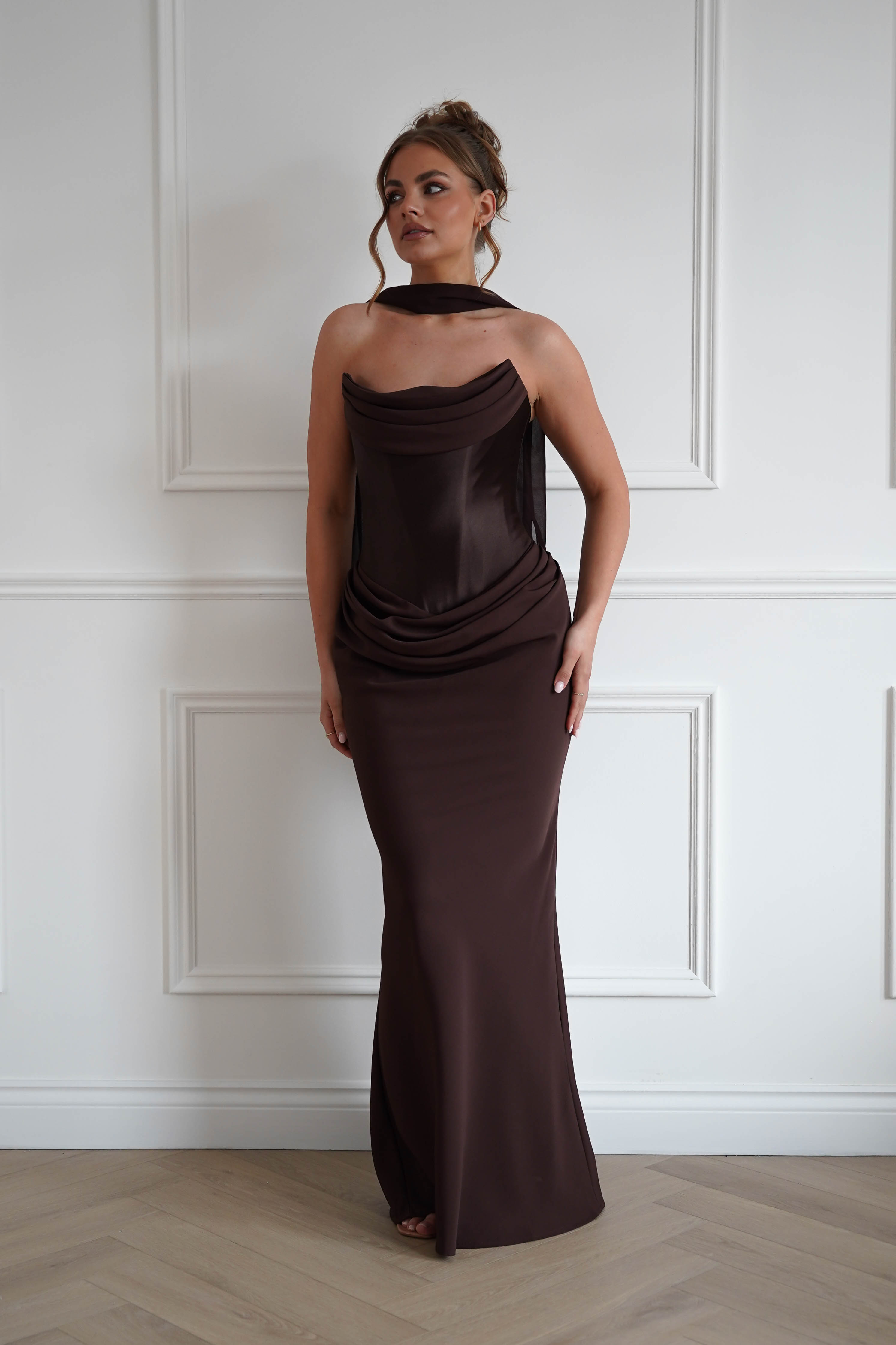 Oh Hello Clothing Women > Clothing > Dresses 1*Done-Cind-T732-Brown Strapless Ruched Midi Dress with Matching Scarf (Copy)