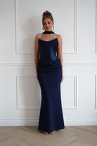 Oh Hello Clothing Women > Clothing > Dresses 1*Done-Cind-T732-Navy Strapless Ruched Midi Dress with Matching Scarf