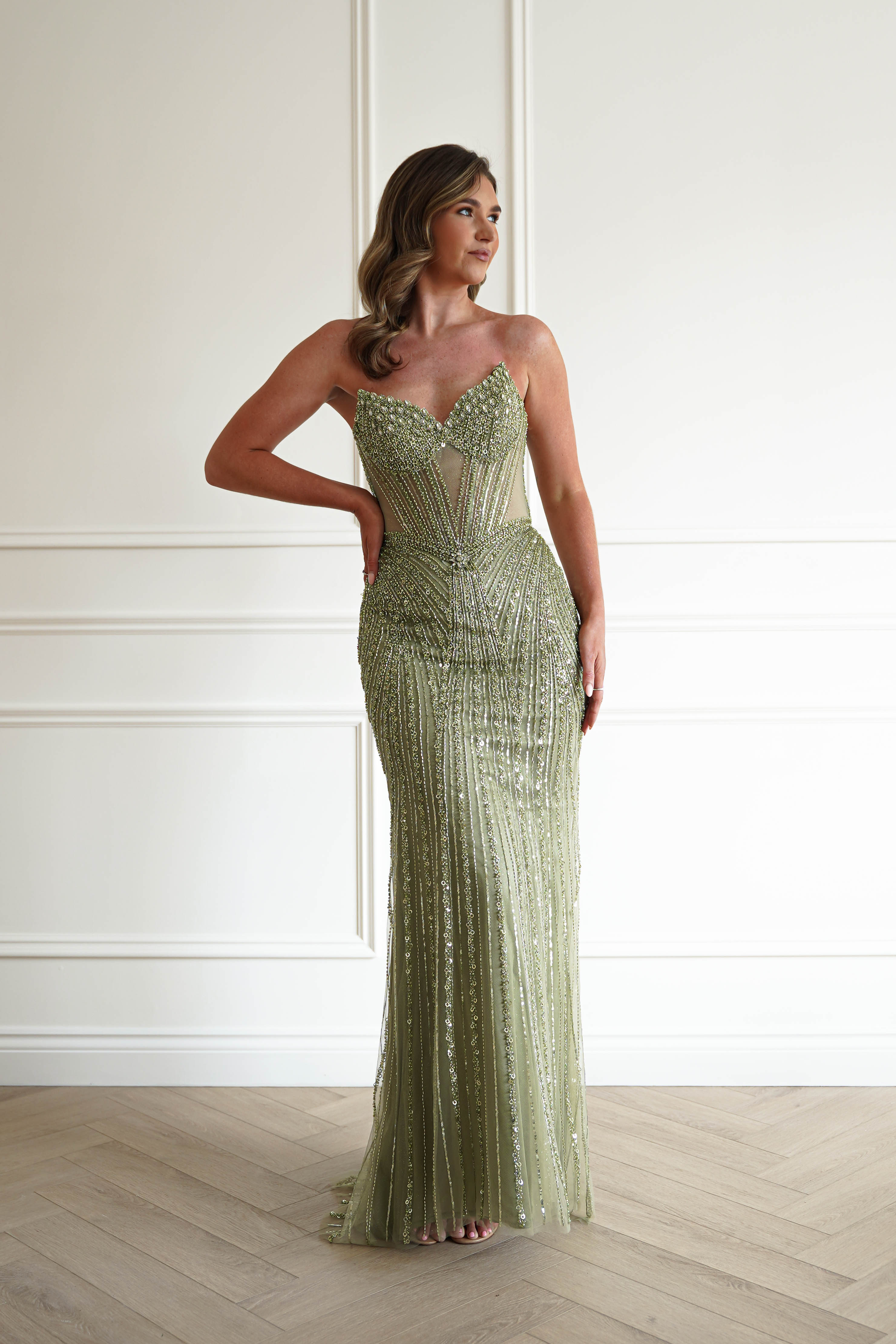 Oh Hello Clothing Women > Clothing > Dresses 1*DONE -CINDERALLA-CC398-Beaded Corset Maxi Dress in Sage Green