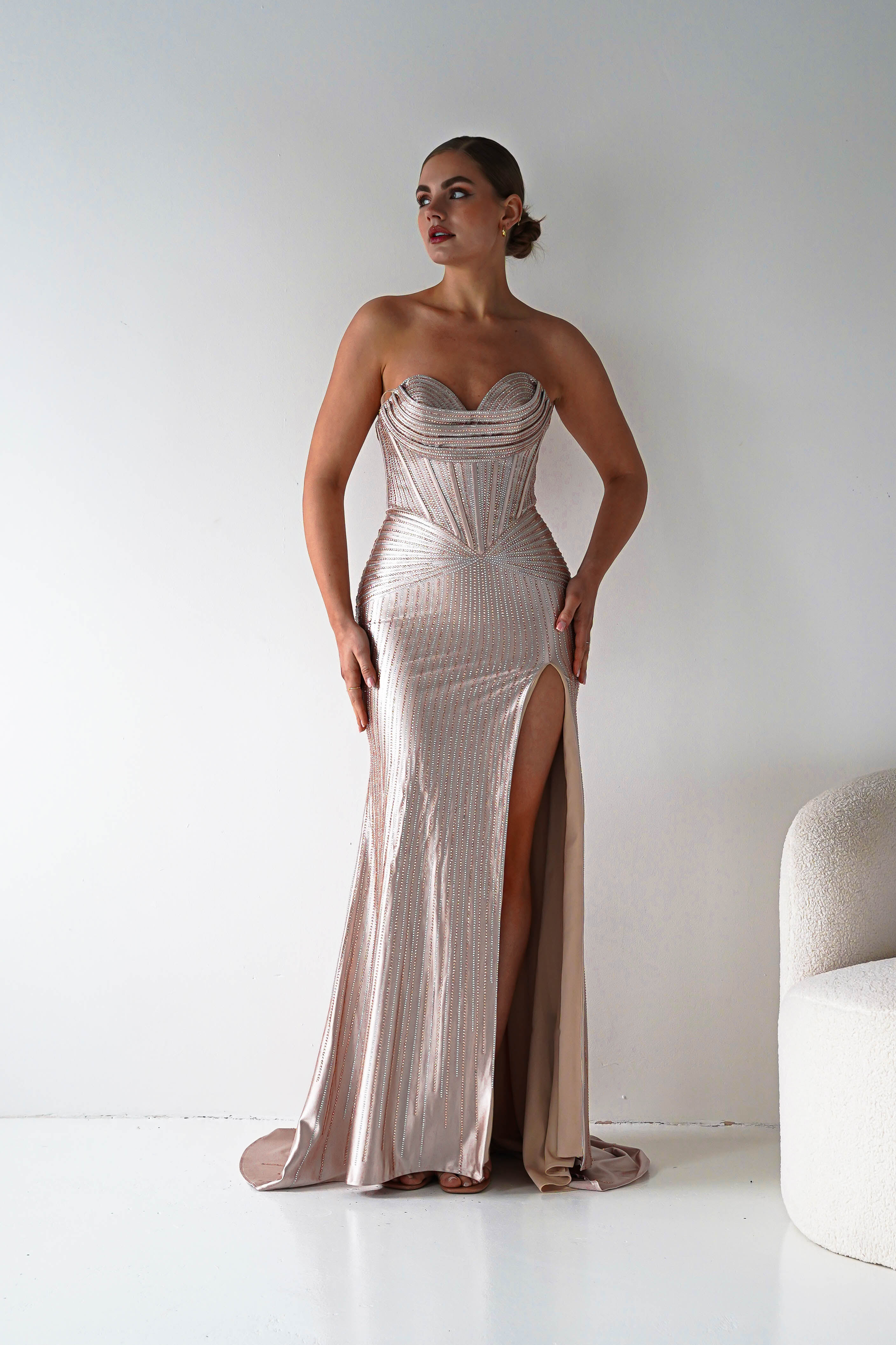 Oh Hello Clothing Women > Clothing > Dresses 1*DONE - Cinderalla-CK918- Champagne Beaded Strapless Gown with Thigh-High Slit