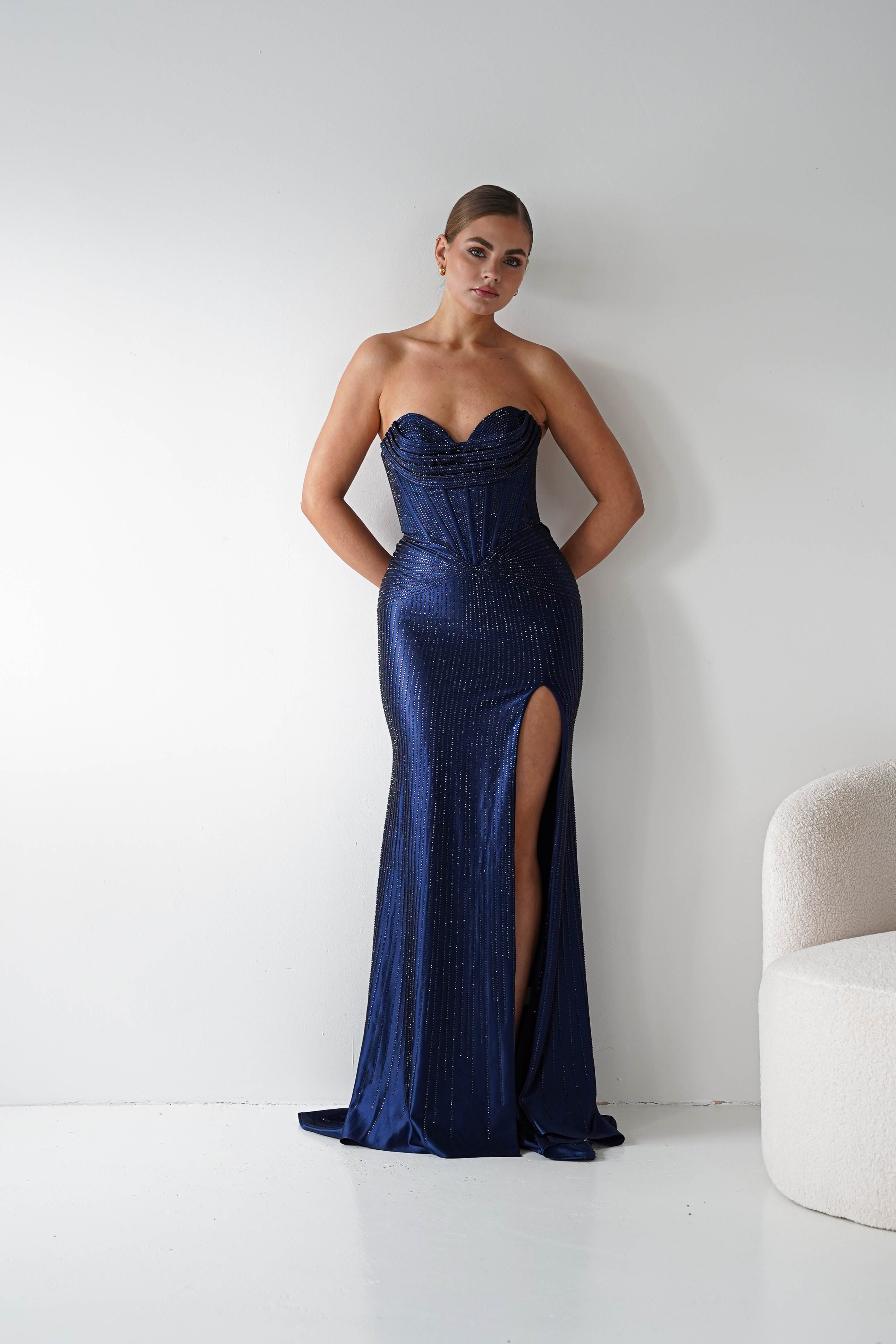 Oh Hello Clothing Women > Clothing > Dresses 1*DONE - Cinderalla-CK918- NAVY Beaded Strapless Gown with Thigh-High Slit (Copy)