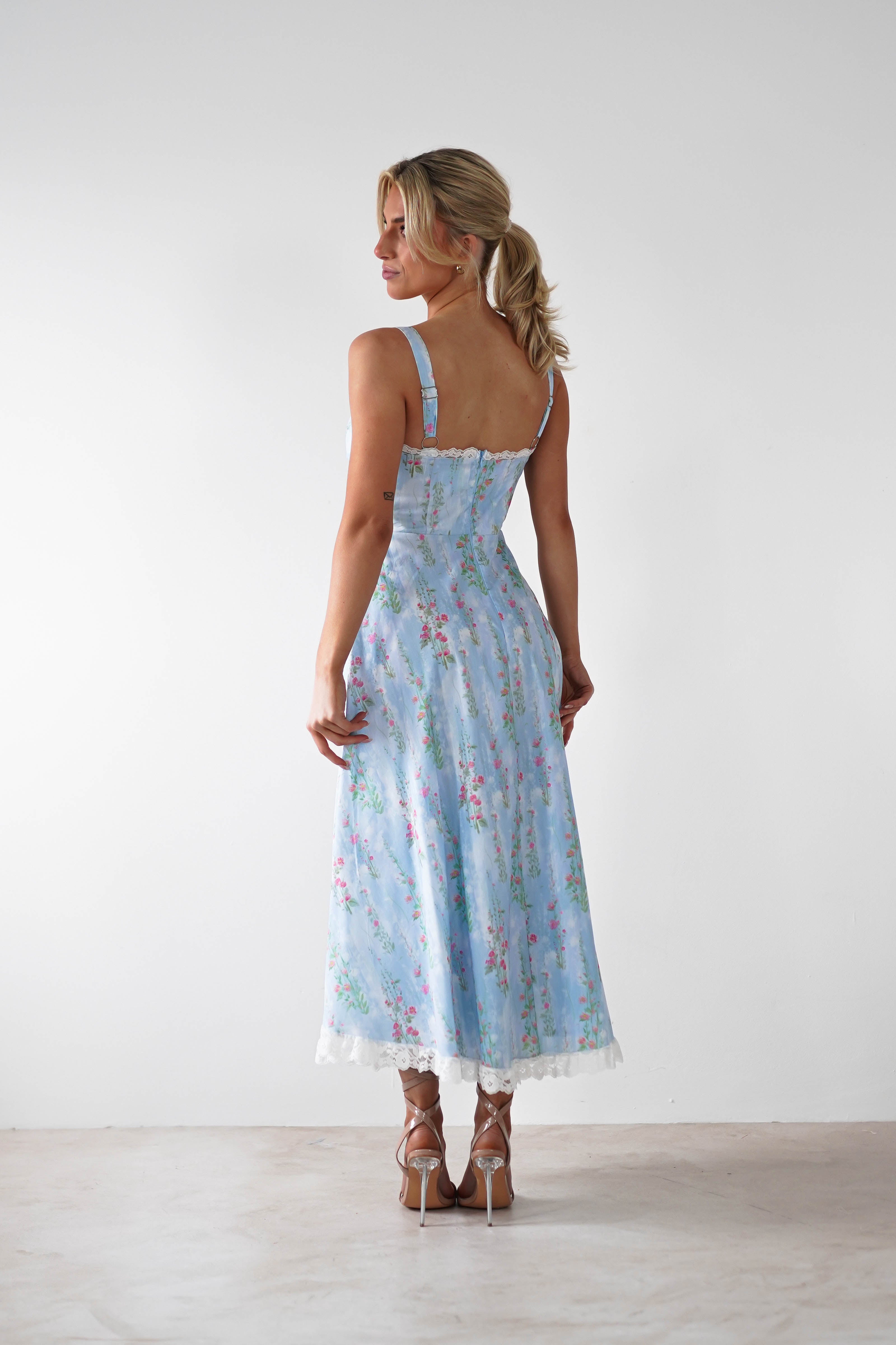 Lanie Skater Floral Cotton Midi Dress Blue | Wedding Guest Dress | Midi | Skater | Oh Hello Clothing