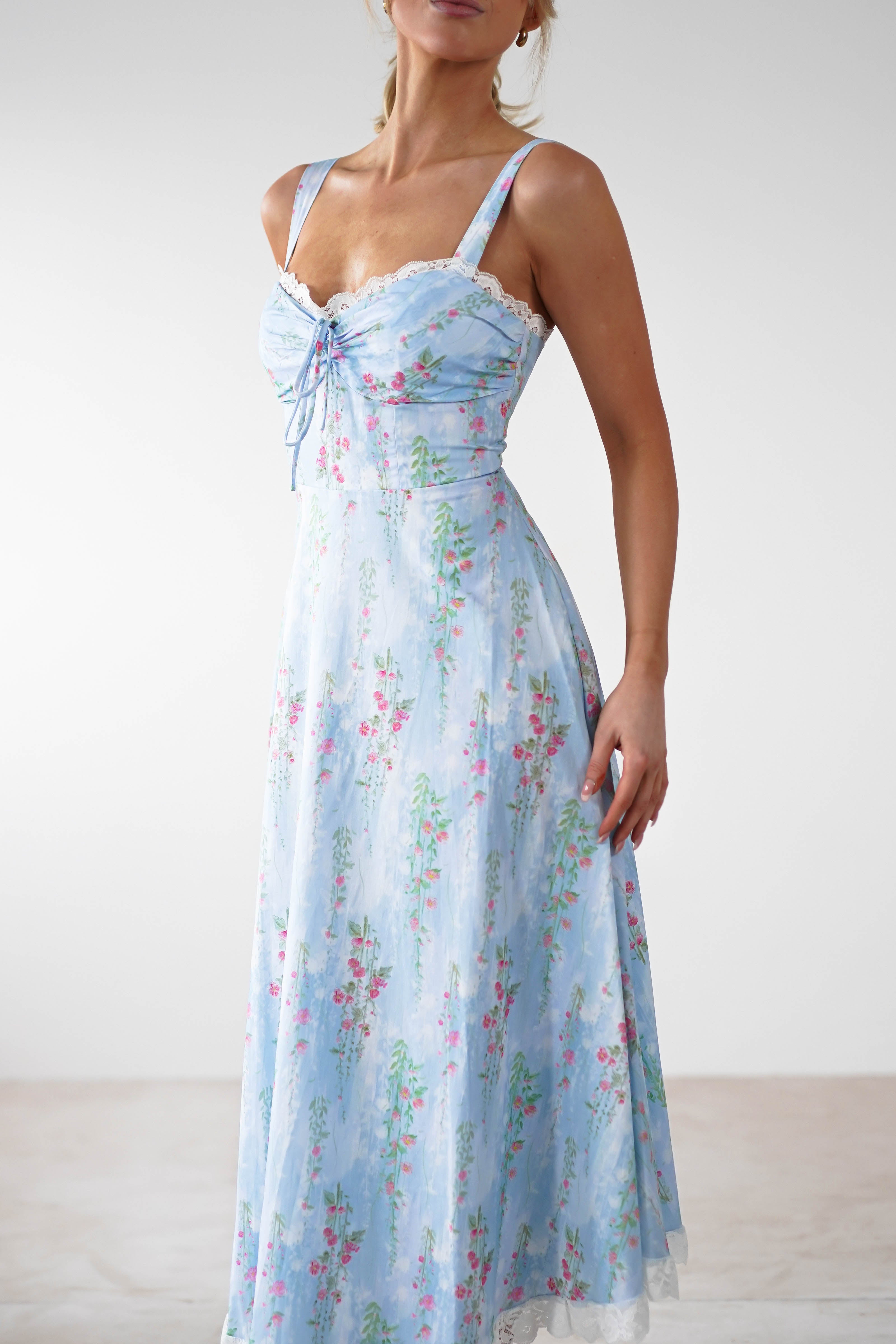 Lanie Skater Floral Cotton Midi Dress Blue | Wedding Guest Dress | Midi | Skater | Oh Hello Clothing