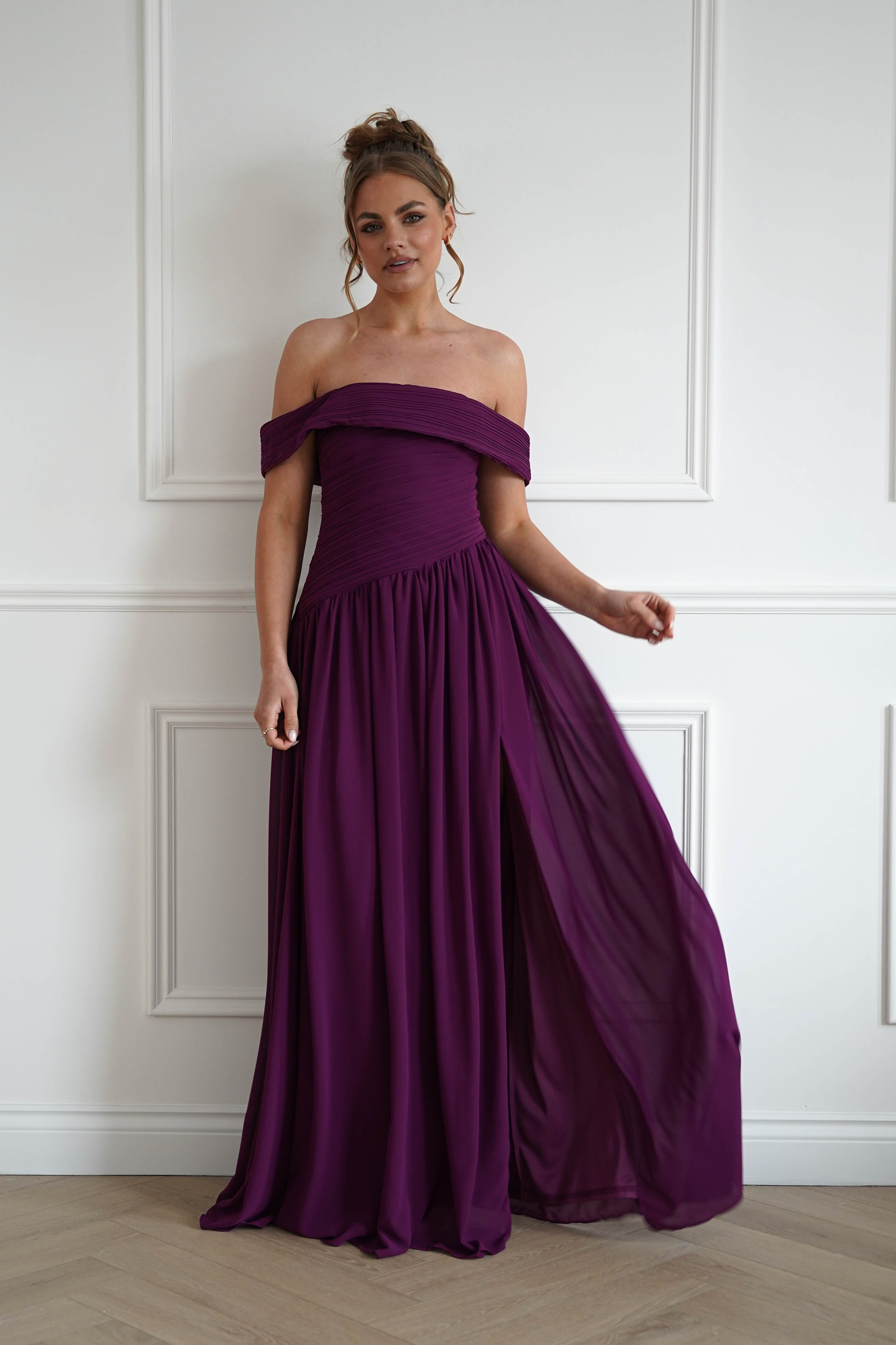 Oh Hello Clothing Women > Clothing > Dresses 1*DONE-Connie Off The Shoulder Chiffon Maxi Dress | Plum