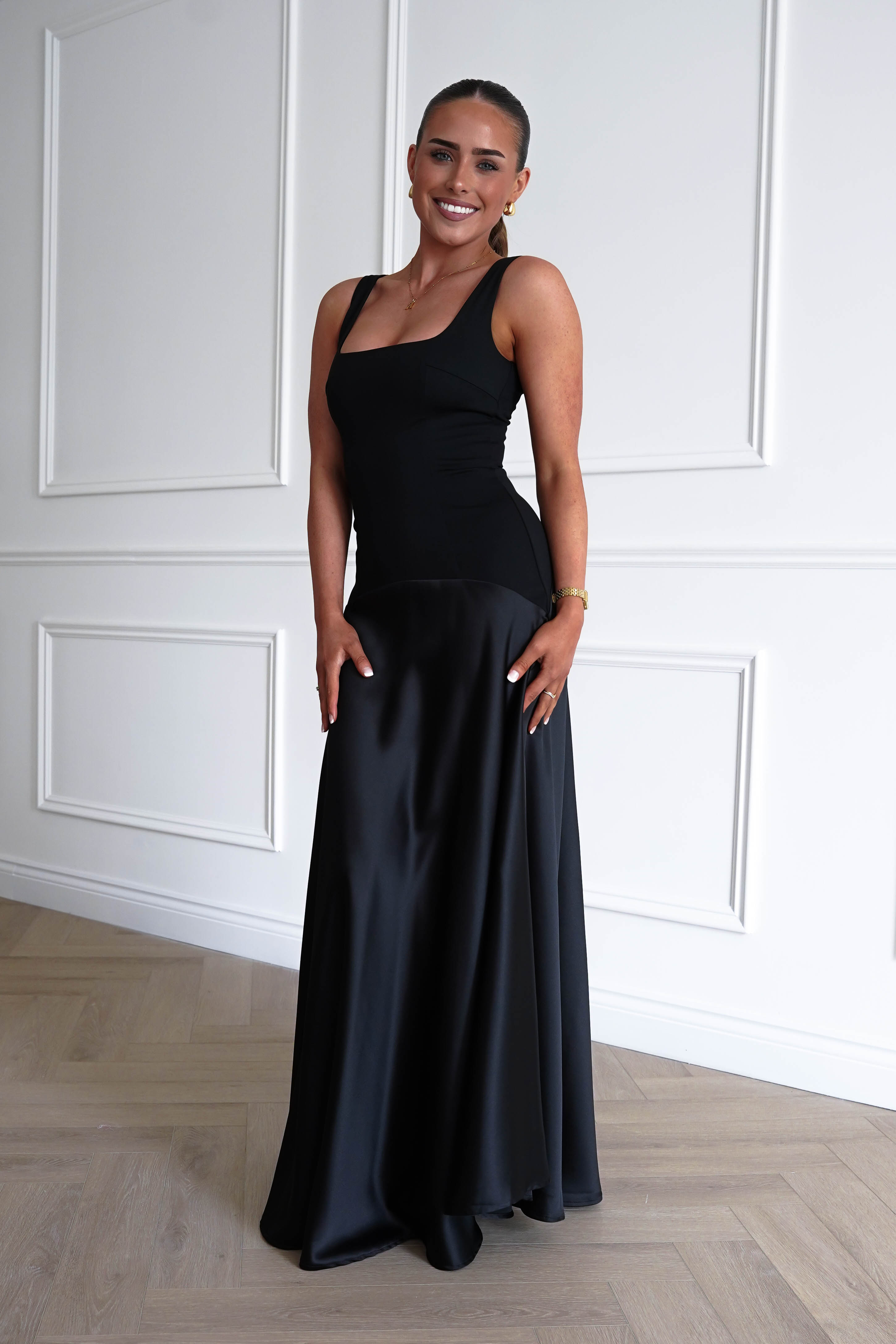 Oh Hello Clothing Dresses > Prom Dresses 1* DONE - Elena Square Neck Soft Satin Maxi Dress | Black