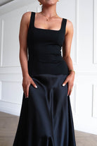 Oh Hello Clothing Dresses > Prom Dresses 1* DONE - Elena Square Neck Soft Satin Maxi Dress | Black