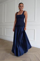 Oh Hello Clothing Dresses > Prom Dresses 1* Done - Elena Square Neck Soft Satin Maxi Dress | Navy