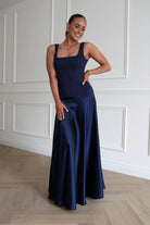 Oh Hello Clothing Dresses > Prom Dresses 1* Done - Elena Square Neck Soft Satin Maxi Dress | Navy