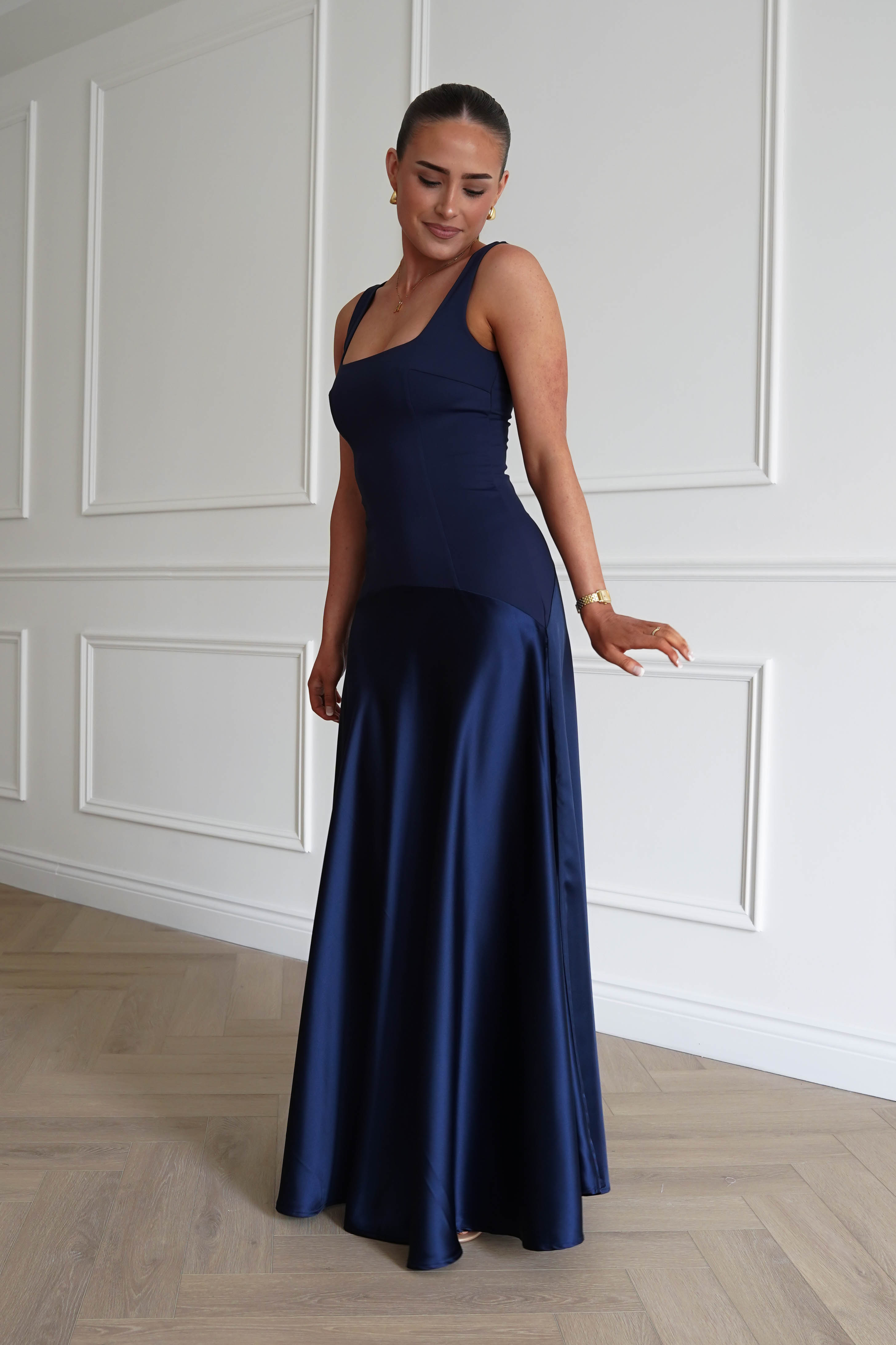 Oh Hello Clothing Dresses > Prom Dresses 1* Done - Elena Square Neck Soft Satin Maxi Dress | Navy