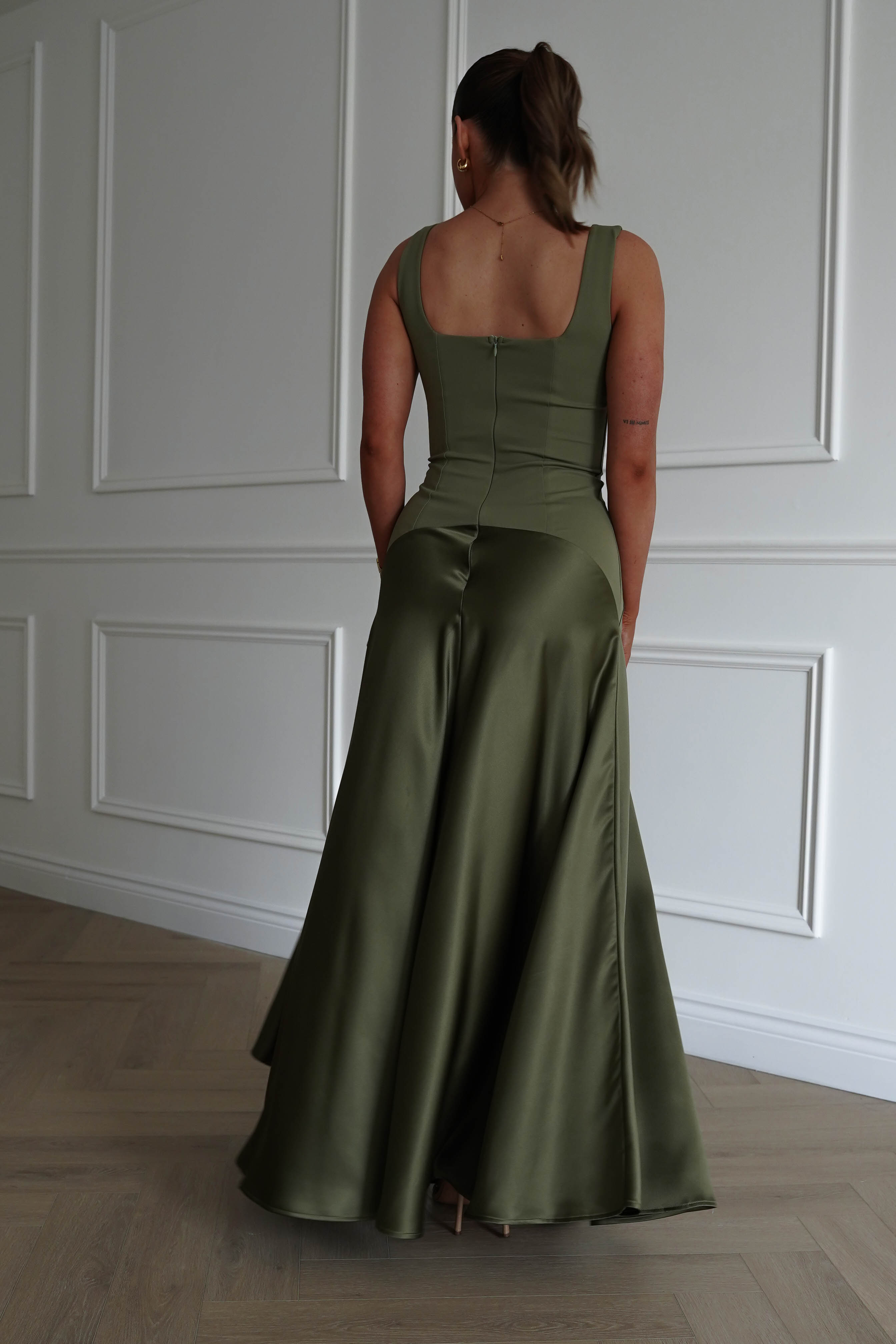 Oh Hello Clothing Dresses > Prom Dresses 1* DONE - Elena Square Neck Soft Satin Maxi Dress | Olive