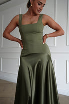 Oh Hello Clothing Dresses > Prom Dresses 1* DONE - Elena Square Neck Soft Satin Maxi Dress | Olive