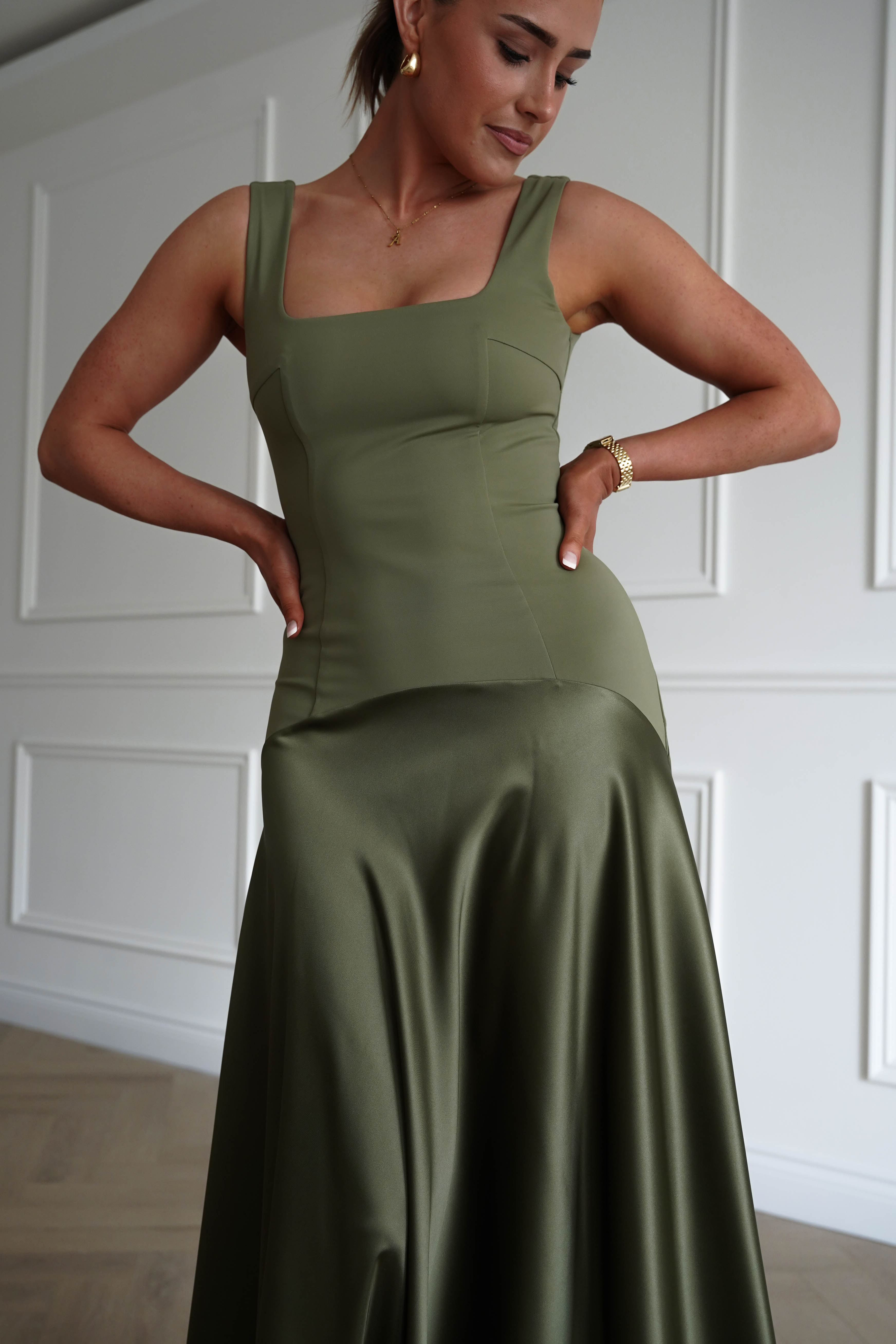 Oh Hello Clothing Dresses > Prom Dresses 1* DONE - Elena Square Neck Soft Satin Maxi Dress | Olive