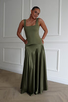 Oh Hello Clothing Dresses > Prom Dresses 1* DONE - Elena Square Neck Soft Satin Maxi Dress | Olive