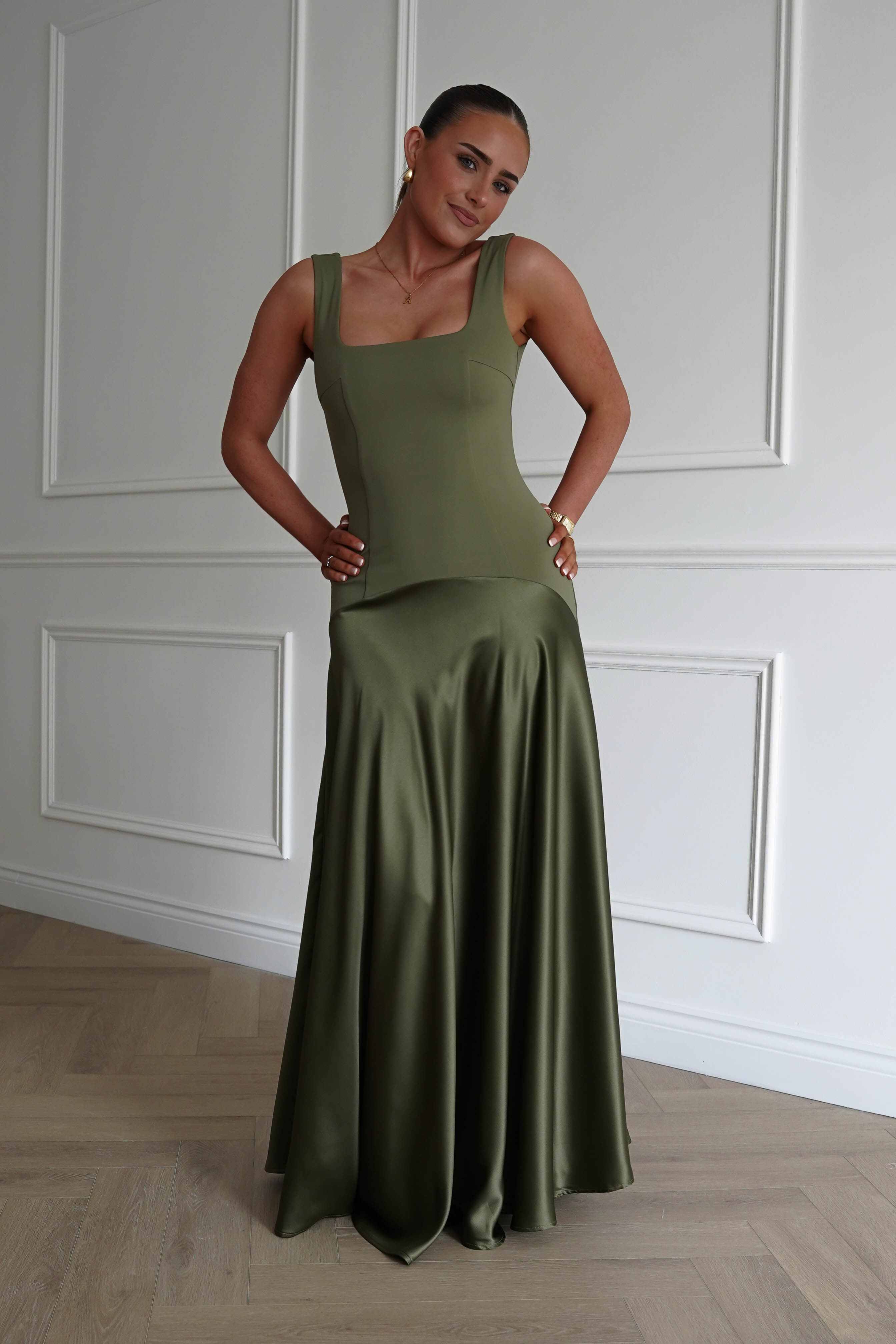 Oh Hello Clothing Dresses > Prom Dresses 1* DONE - Elena Square Neck Soft Satin Maxi Dress | Olive
