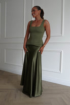 Oh Hello Clothing Dresses > Prom Dresses 1* DONE - Elena Square Neck Soft Satin Maxi Dress | Olive