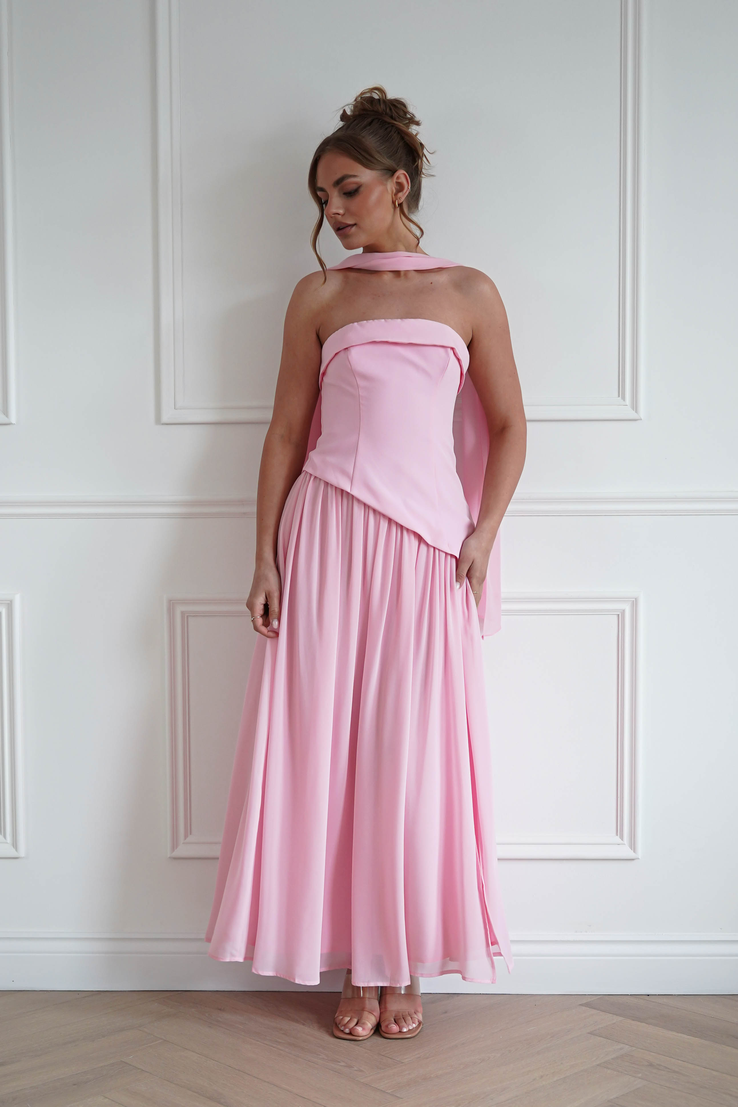 Oh Hello Clothing Women > Clothing > Dresses 1*Done- Elva Strapless Asymmetric Waist Maxi Dress |Pink