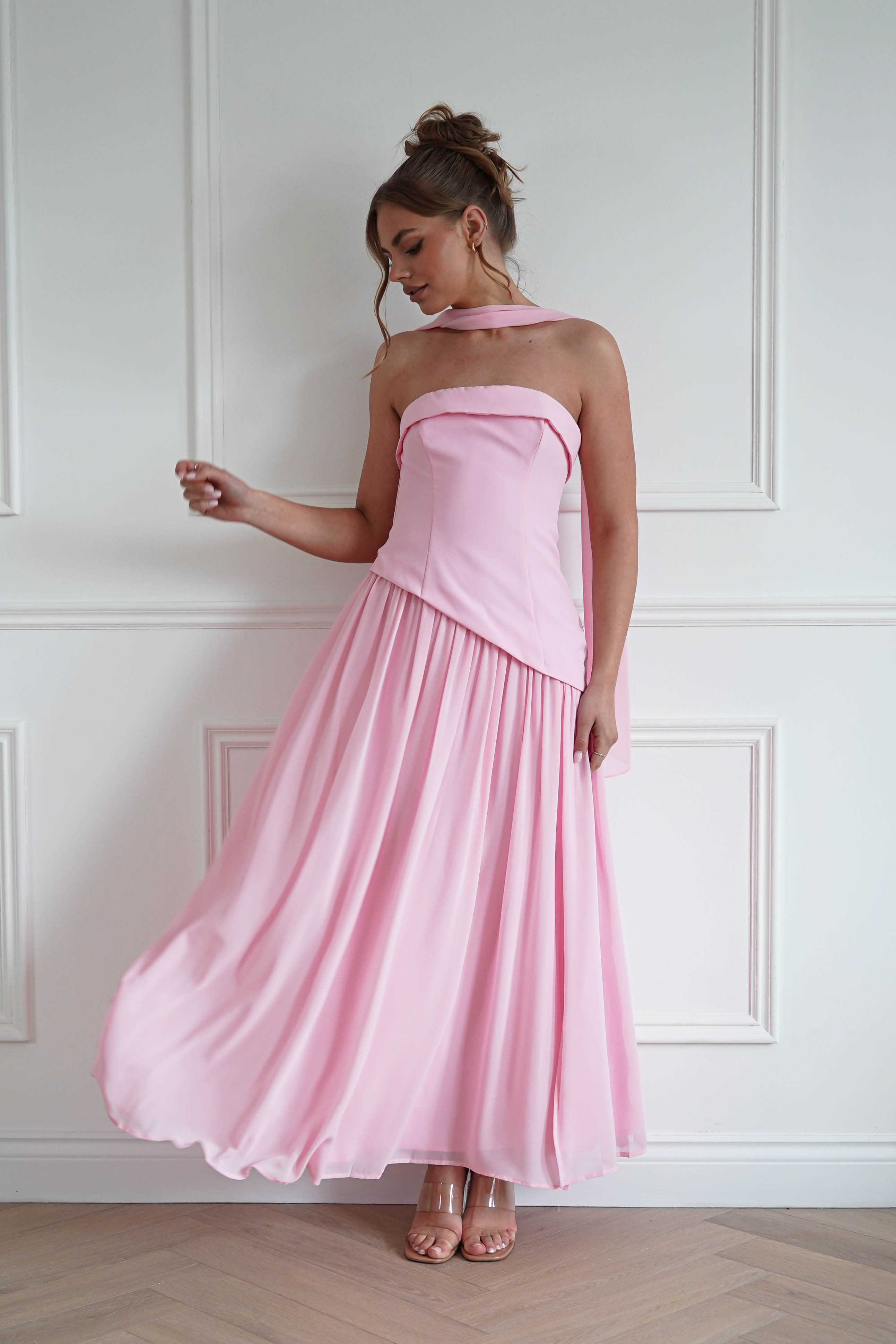 Oh Hello Clothing Women > Clothing > Dresses 1*Done- Elva Strapless Asymmetric Waist Maxi Dress |Pink